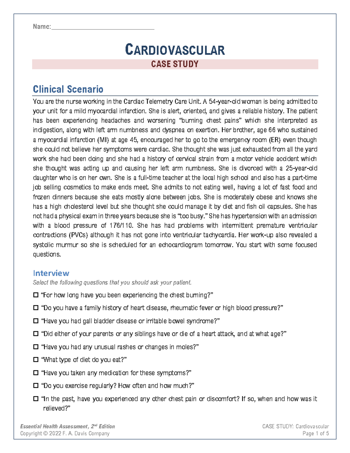 Ch13 Case Study Cardiac - Essential Health Assessment, 2nd Edition CASE ...