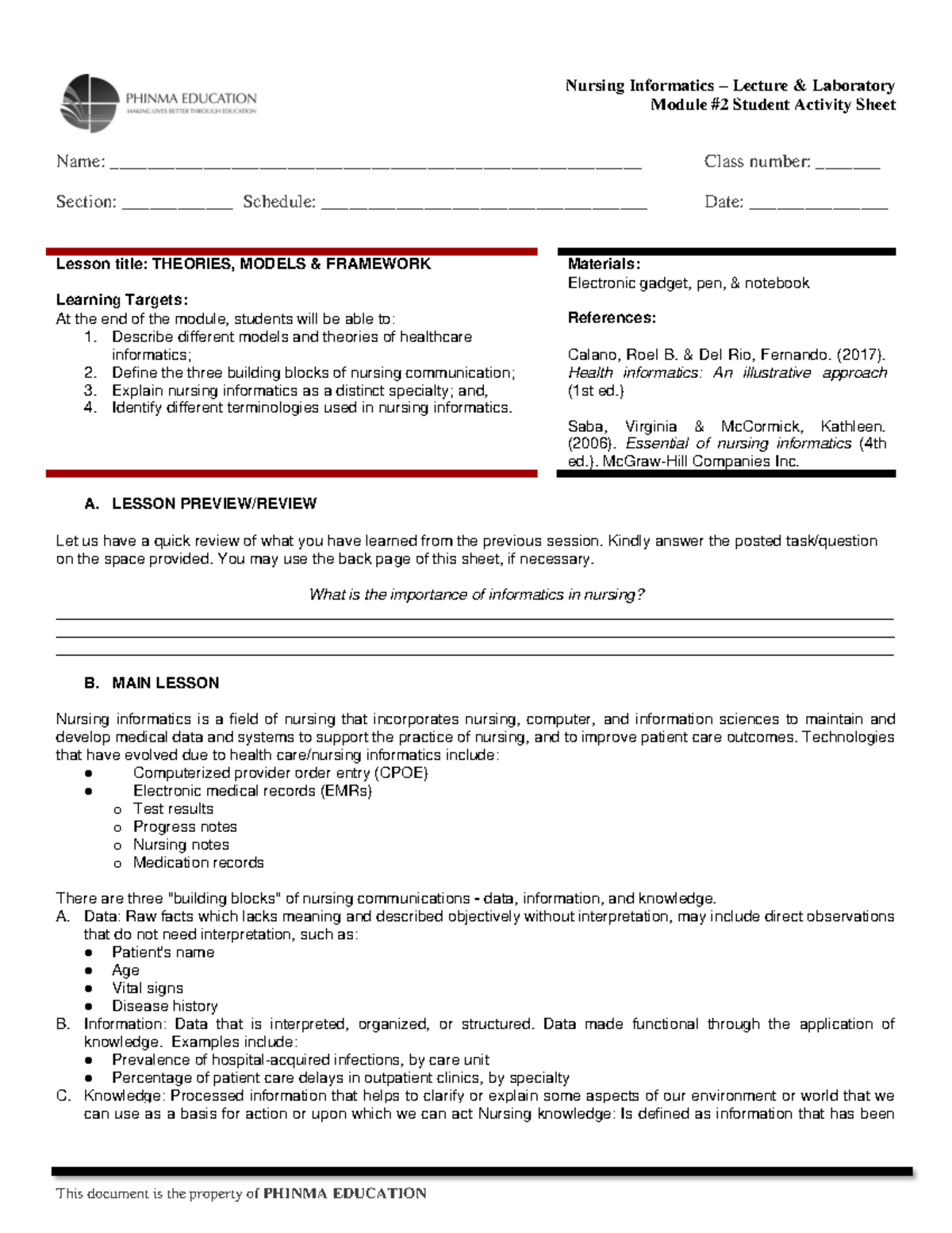 SAS #2 - Nursing Informatics - Module #2 Student Activity Sheet Name ...