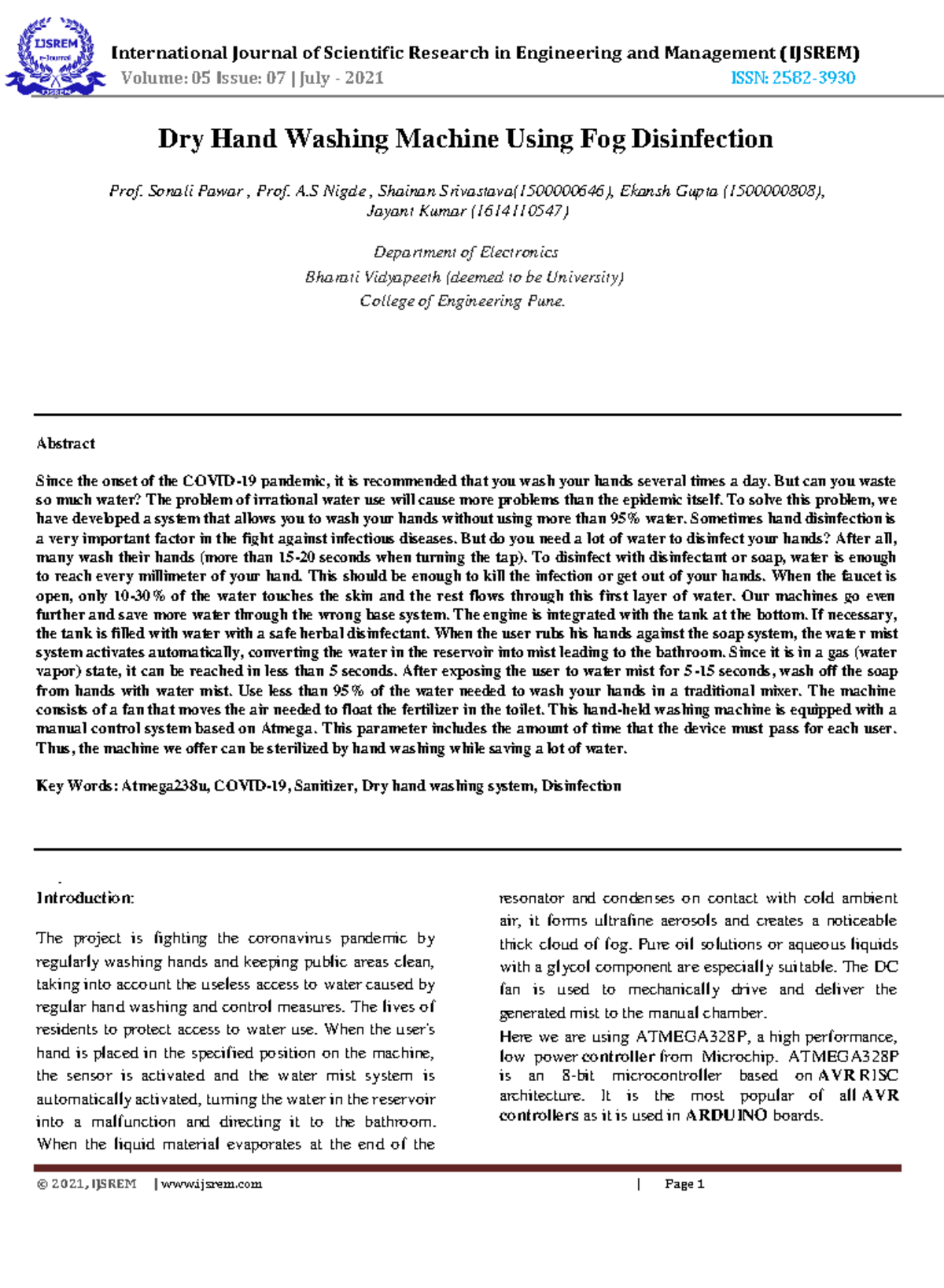 Dry Hand Washing Machine Using Fog Disinfection Sonali Pawar , Prof