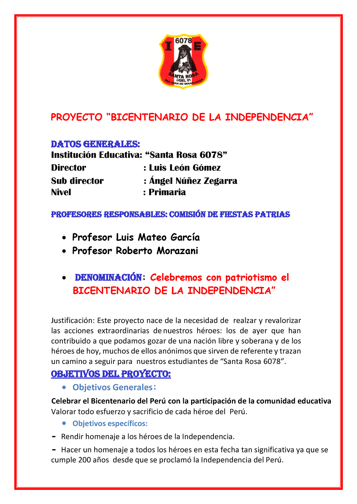 Proyecto DE Fiestas Patrias DE LA IE. N° 6078 SJM 2021 PROYECTO