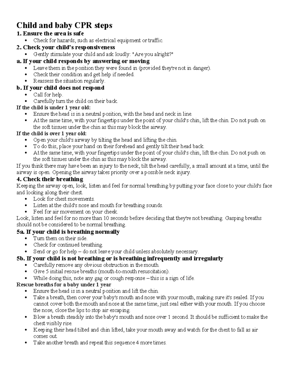 Child and baby CPR steps - Ensure the area is safe Check for hazards ...