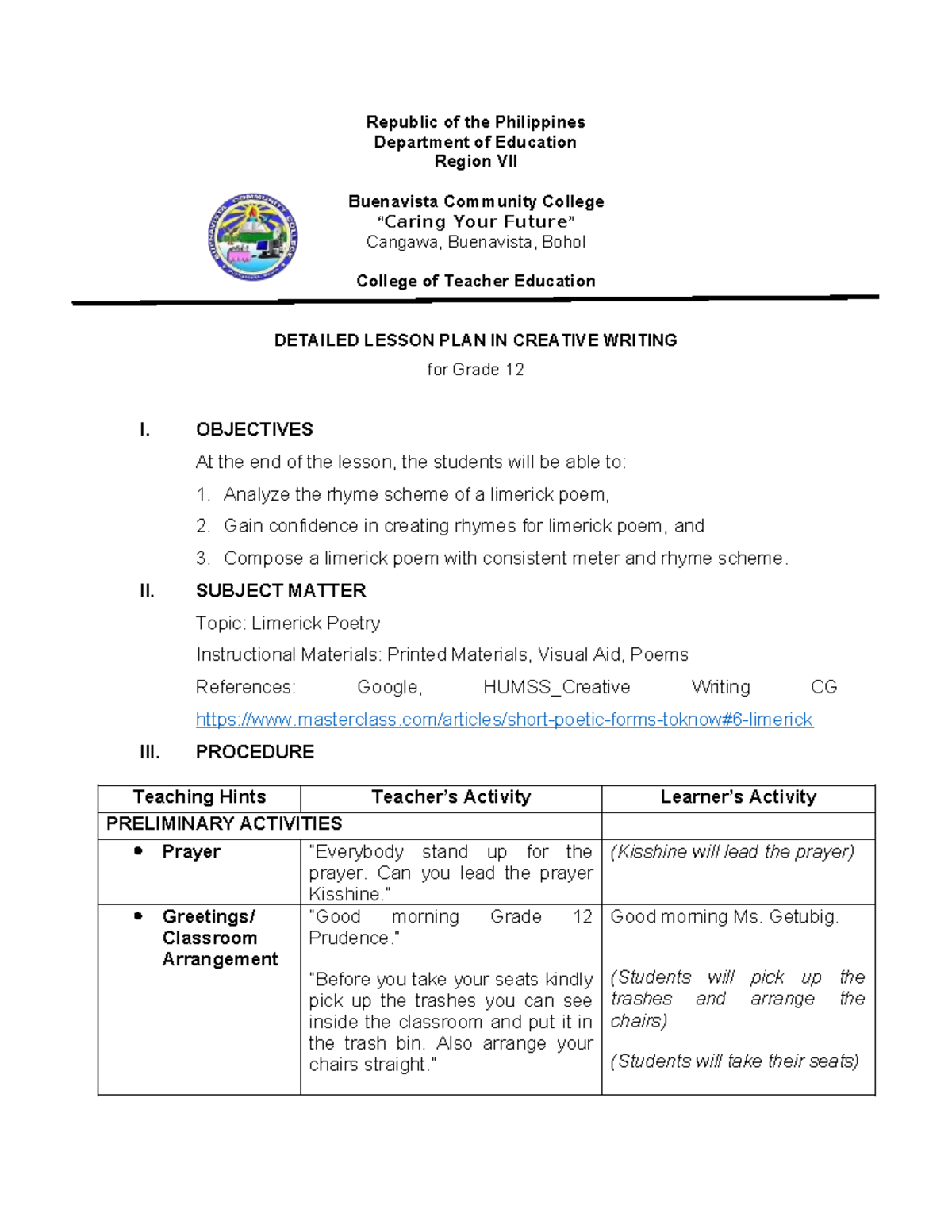 Limerick Dlp Lesson Plan Republic Of The Philippines Department Of Education Region Vii 6960