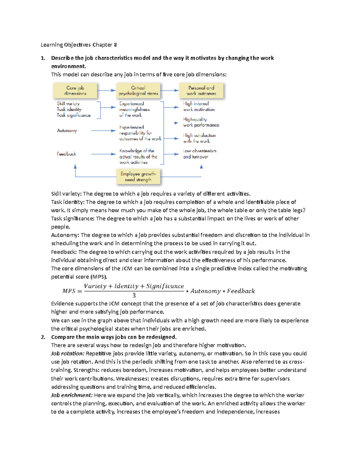 Learning Objectives Chapter 8 - Describe the job characteristics model ...