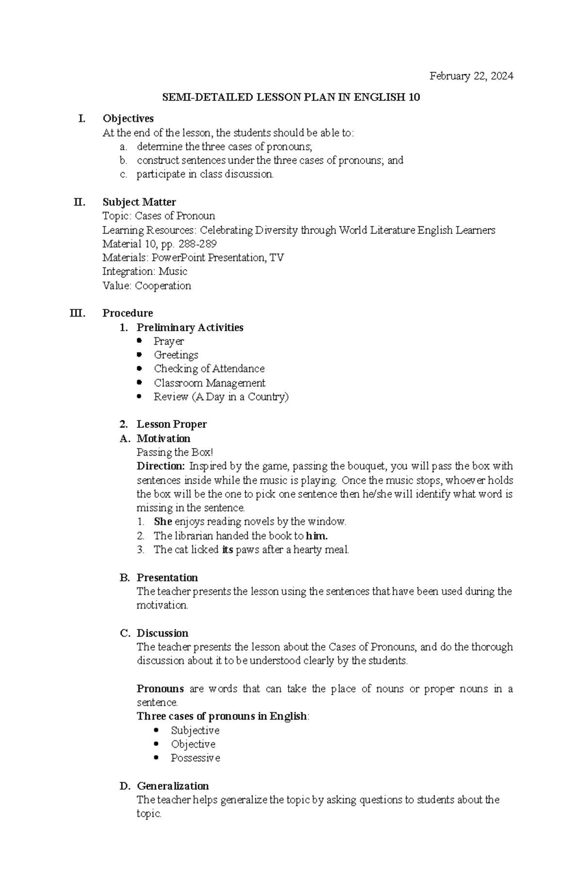SDLP Cases OF Pronouns - February 22, 2024 SEMI-DETAILED LESSON PLAN IN ...