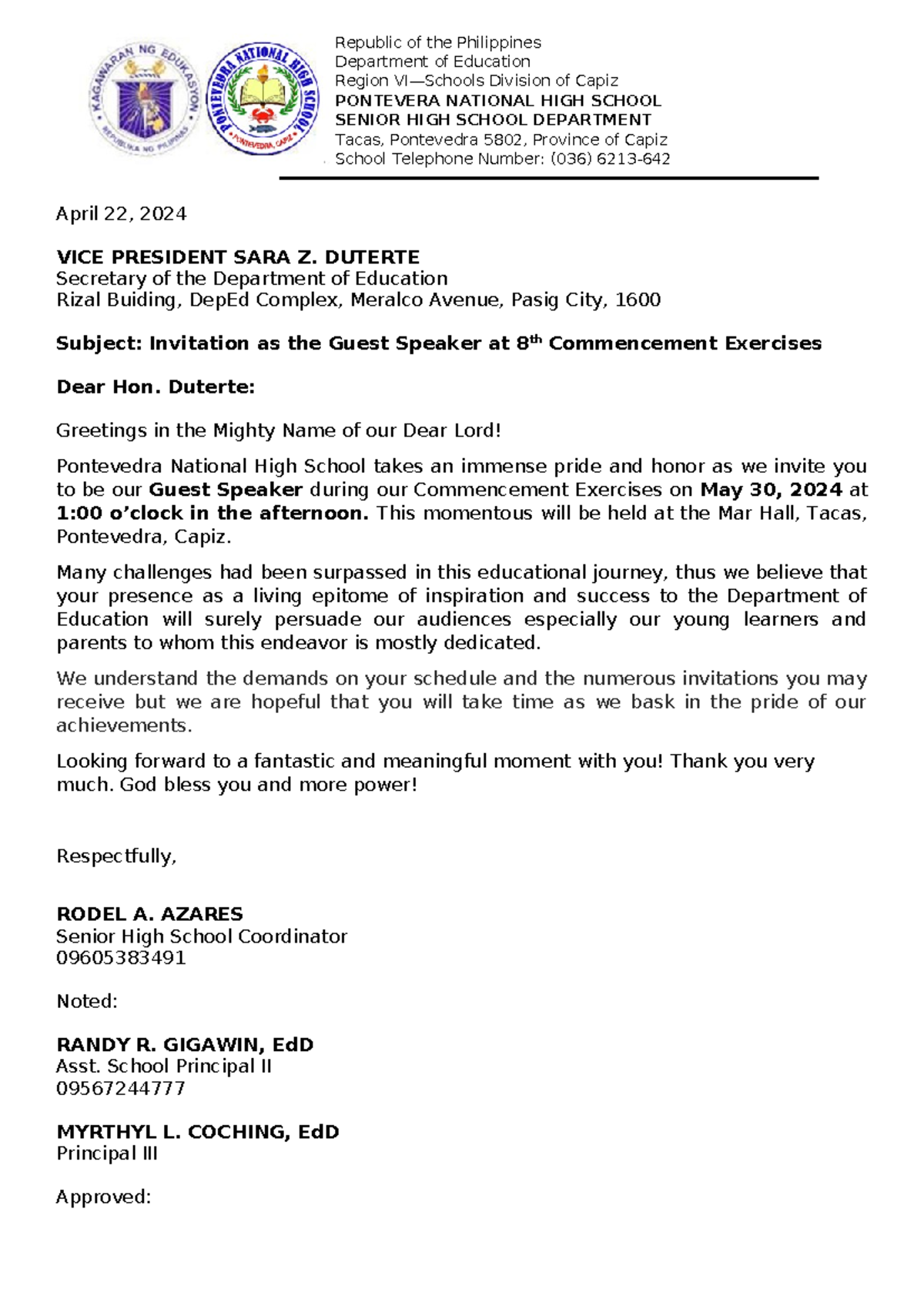 Invitation to vp and usec - Republic of the Philippines Department of ...