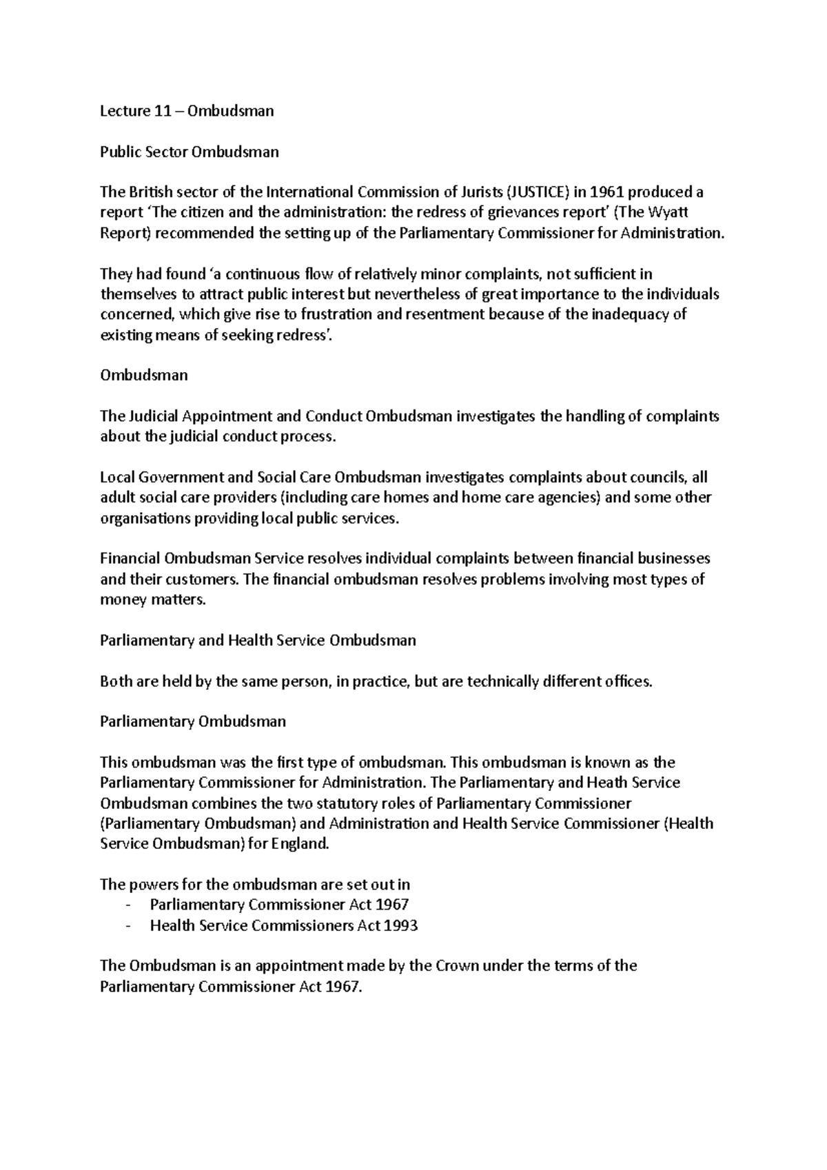 L11 Ombusdman - Lecture notes 1 - Lecture 11 – Ombudsman Public Sector ...