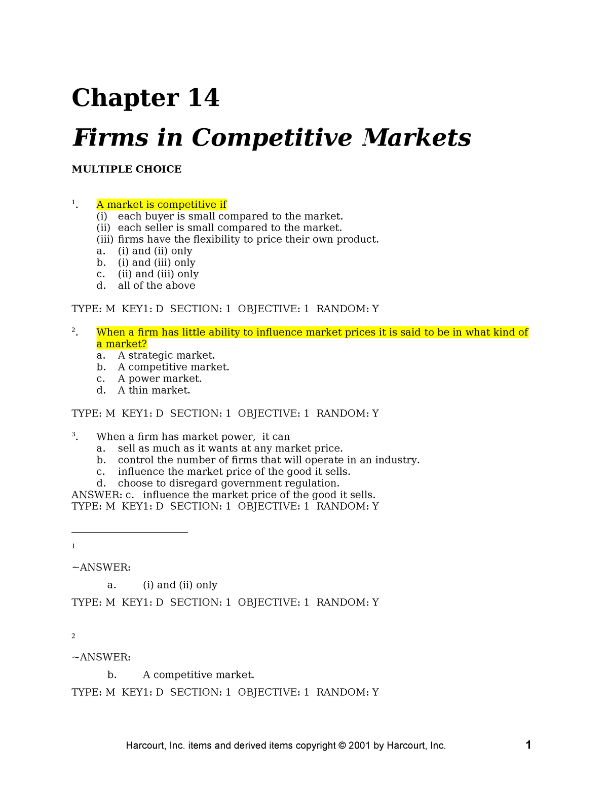 Chap14 - Testbank Micro - Chapter 14 Firms In Competitive Markets ...