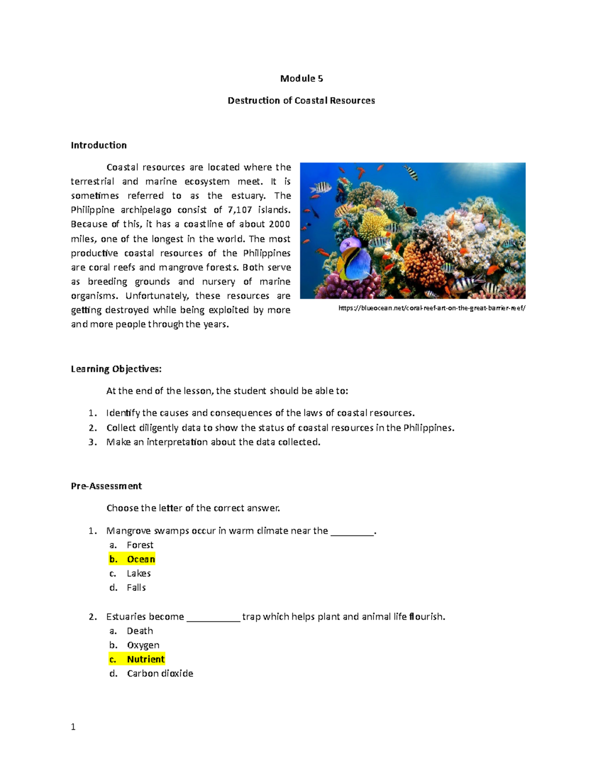 5Module in Environmental Science - blueocean/coral-reef-art-on-the ...