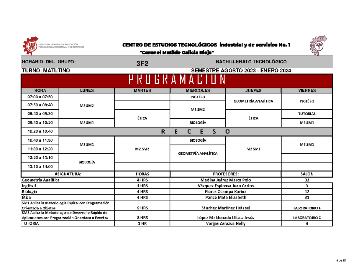 3F2 Programación Turno Matutino - HORA LUNES MARTES MIERCOLES JUEVES ...