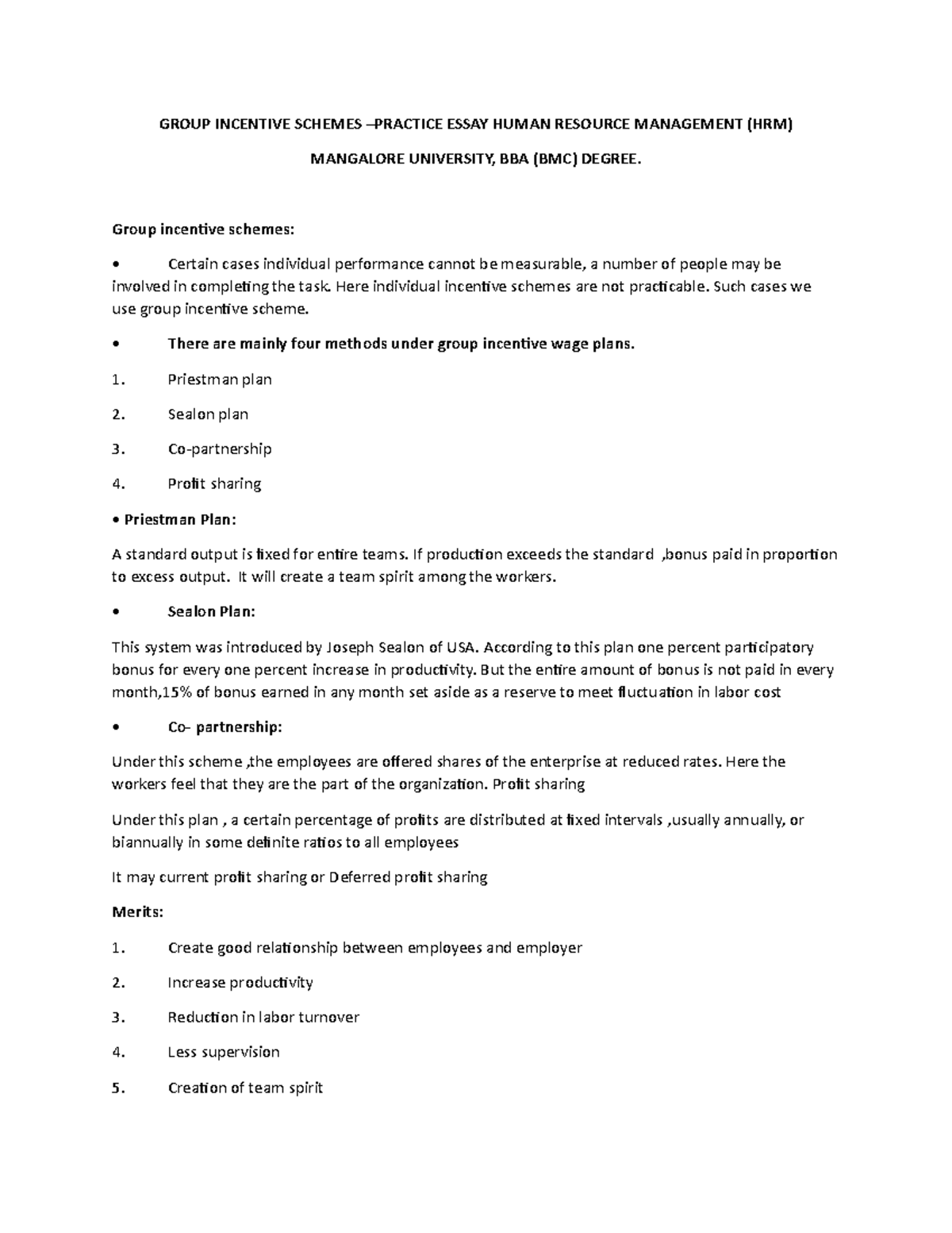 Group incentive schemes - GROUP INCENTIVE SCHEMES –PRACTICE ESSAY HUMAN ...