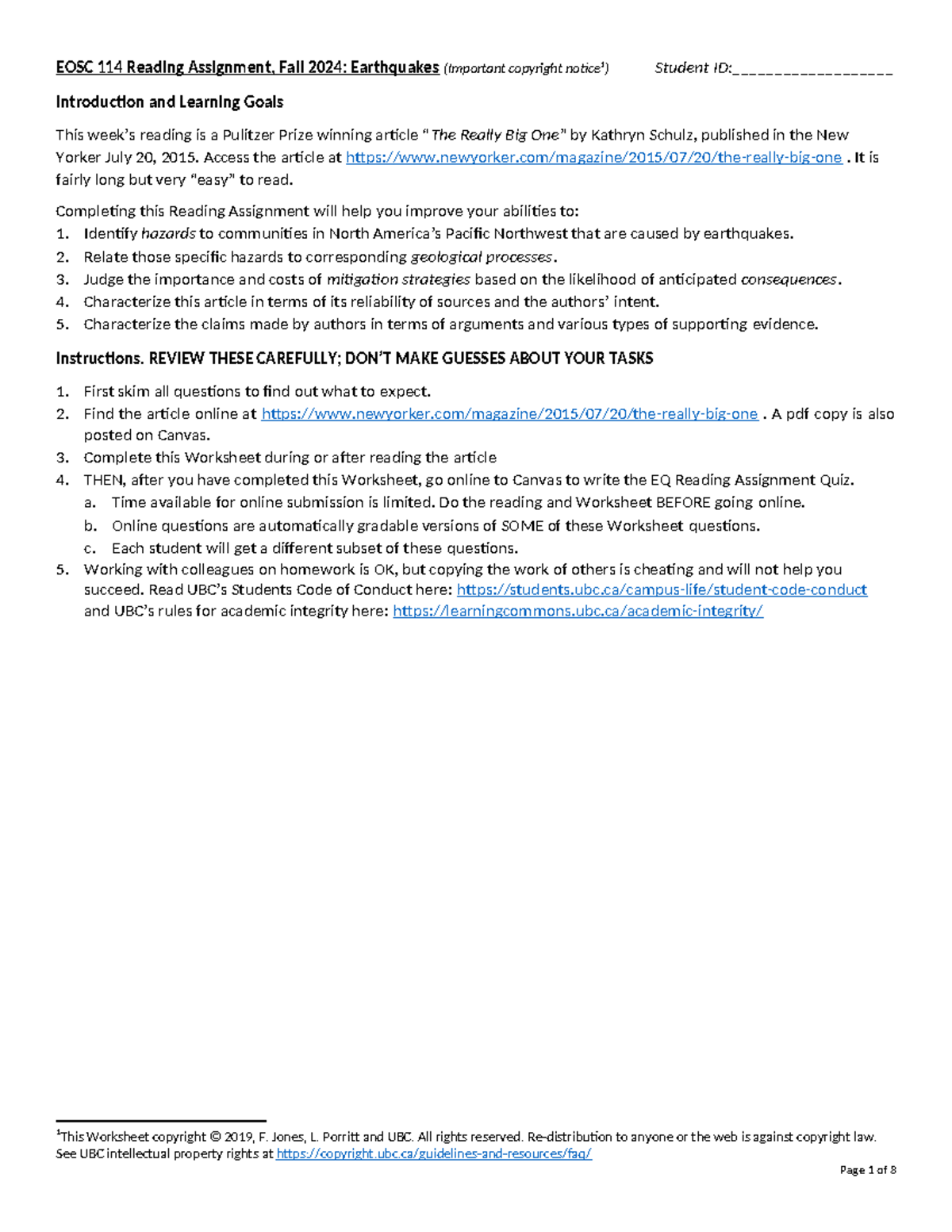 EOSC114 EQ Reading Assignment-Fall2024 - EOSC 114 Reading Assignment ...