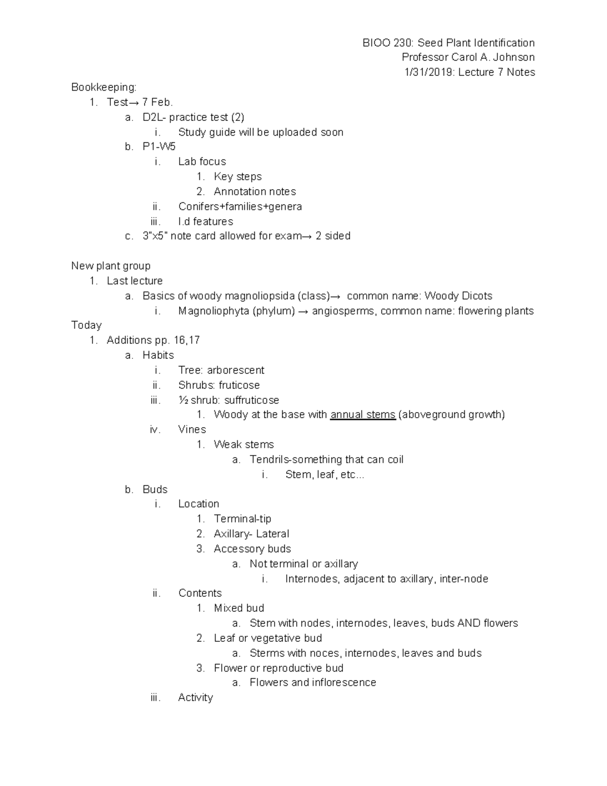 BIOO 230 1 31 2019 Lecture 7 Notes - BIOO 230: Seed Plant ...