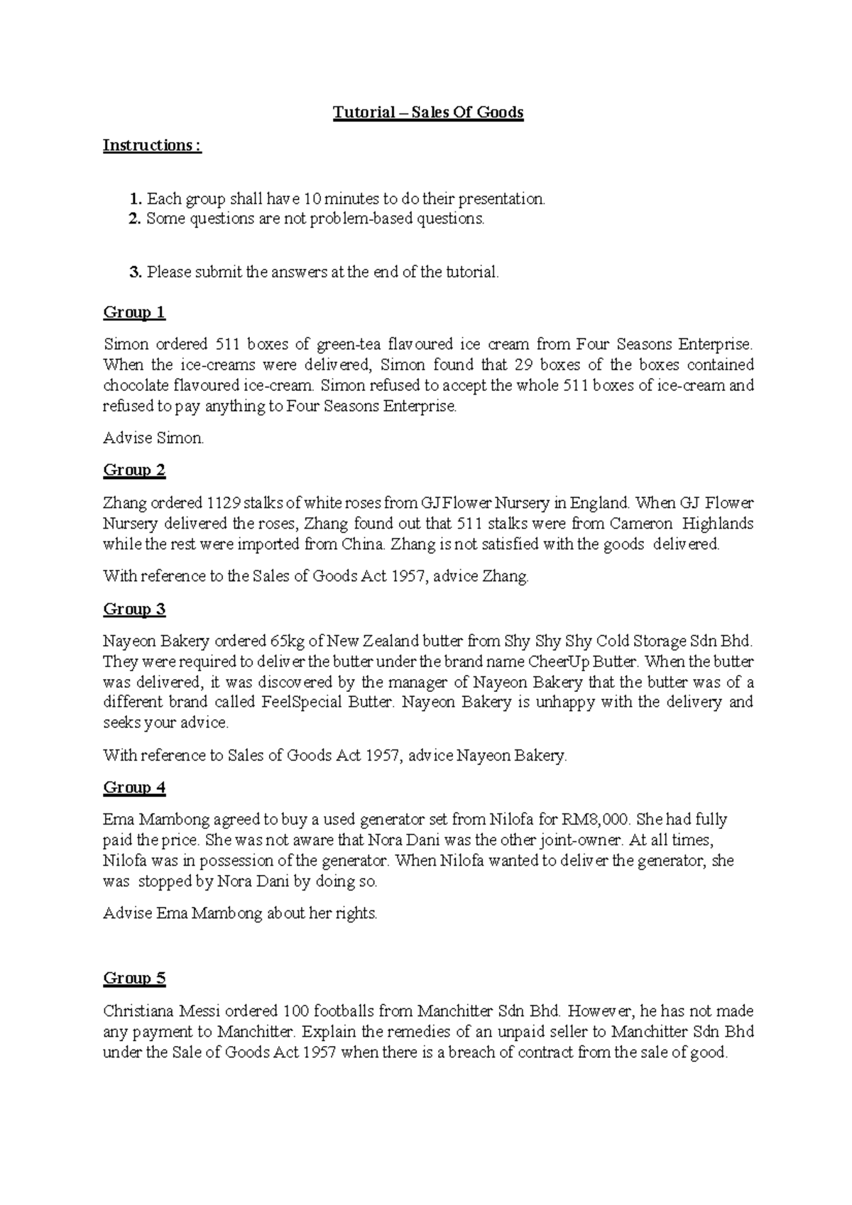 Tutorial Week 9 LAW299 - Tutorial – Sales Of Goods Instructions : Each ...