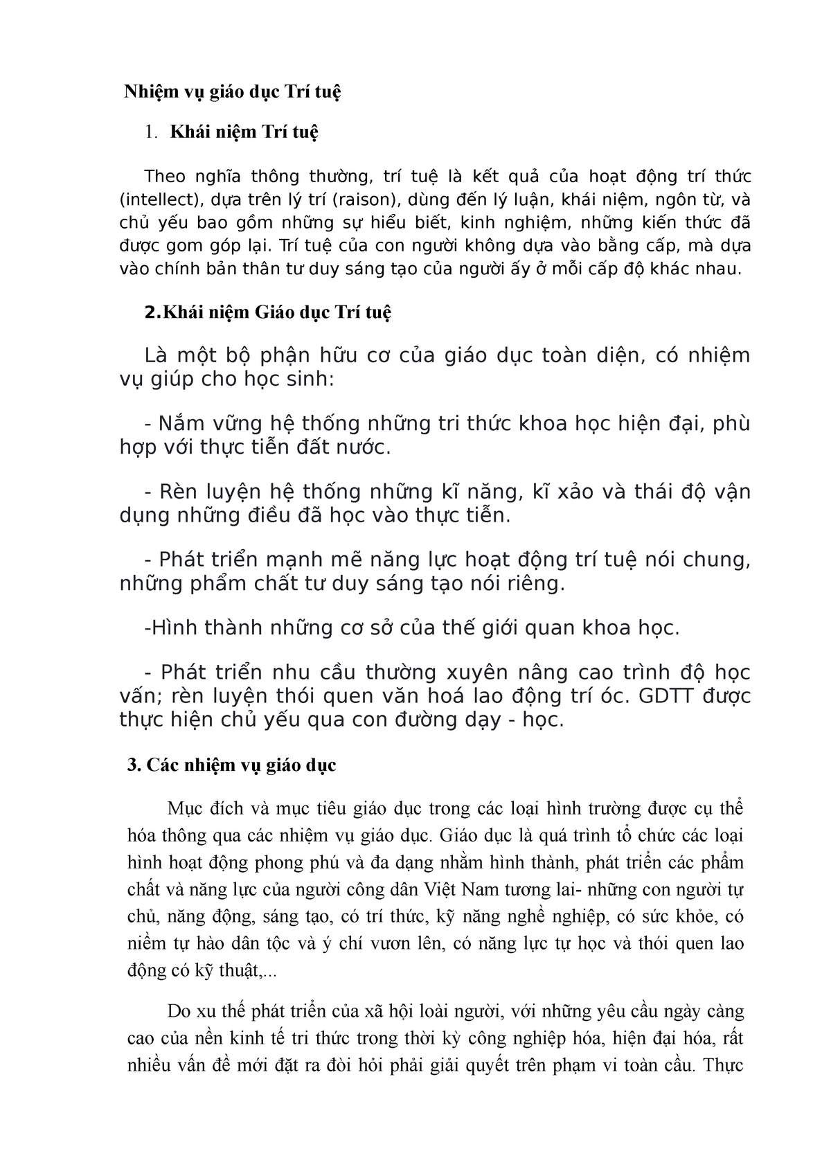 Nhiện vụ giáo dục-Trí tuệ - Nhiệm vụ giáo dục Trí tuệ Khái niệm Trí tuệ Theo nghĩa thông thường, trí - Studocu