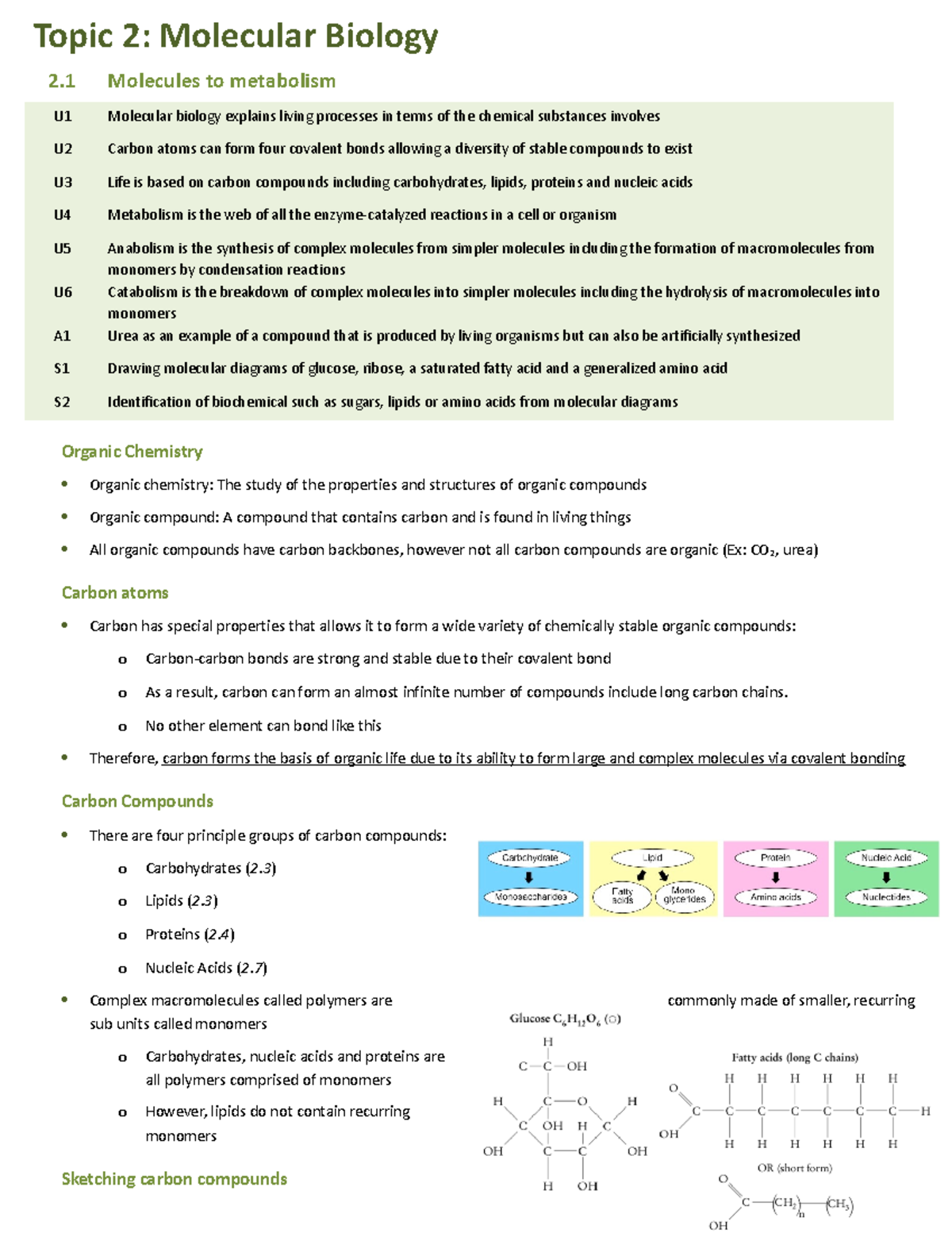 Unit 2 Molecular biology Topic 2 Molecular Biology 2 Molecules to metabolism U1 Molecular