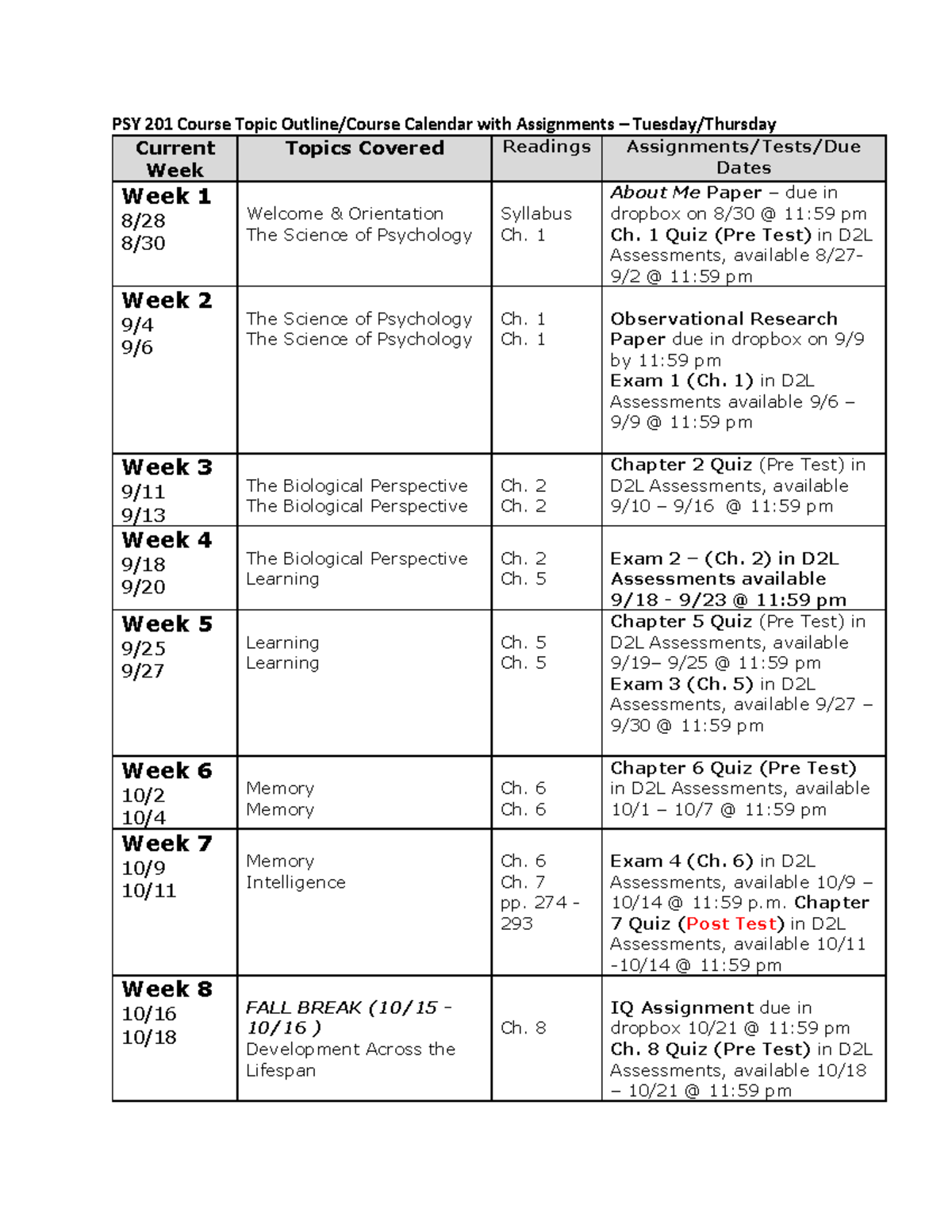Course Calendar - PSY 201 - Tues - Thurs - Fall 2018 - PSY 201 Course ...