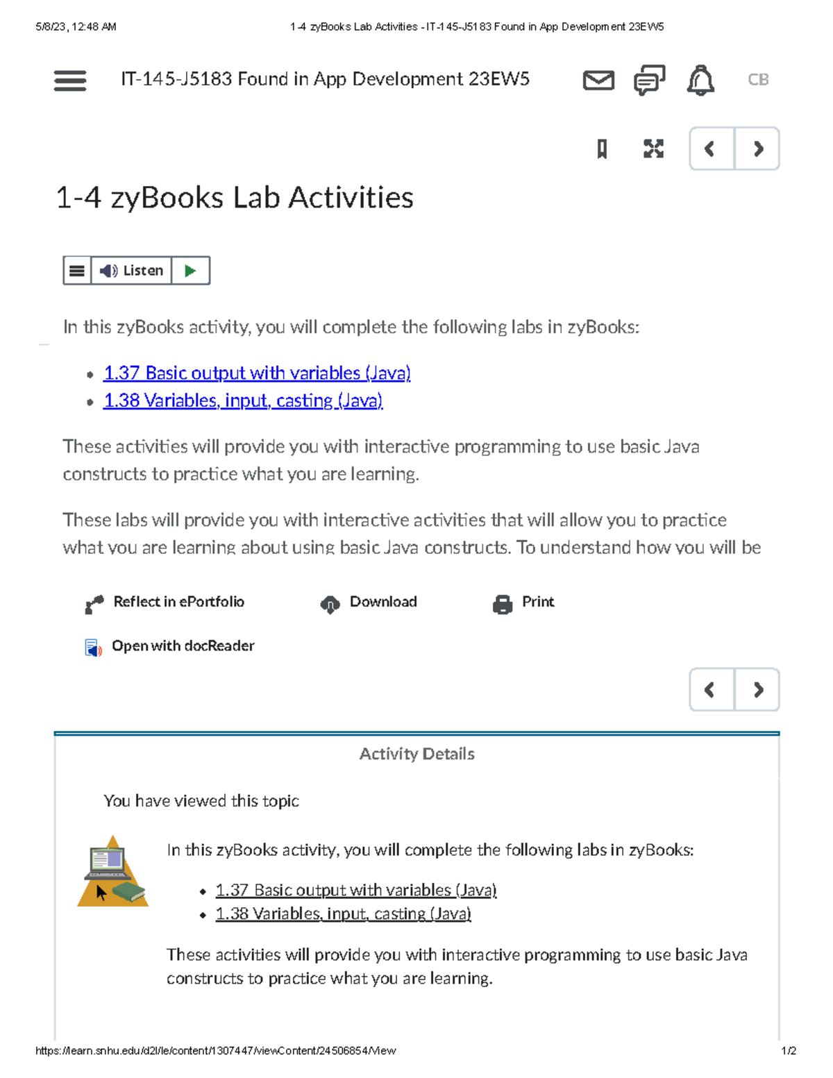 14 zy Books Lab Activities IT145J5183 Found in App Development