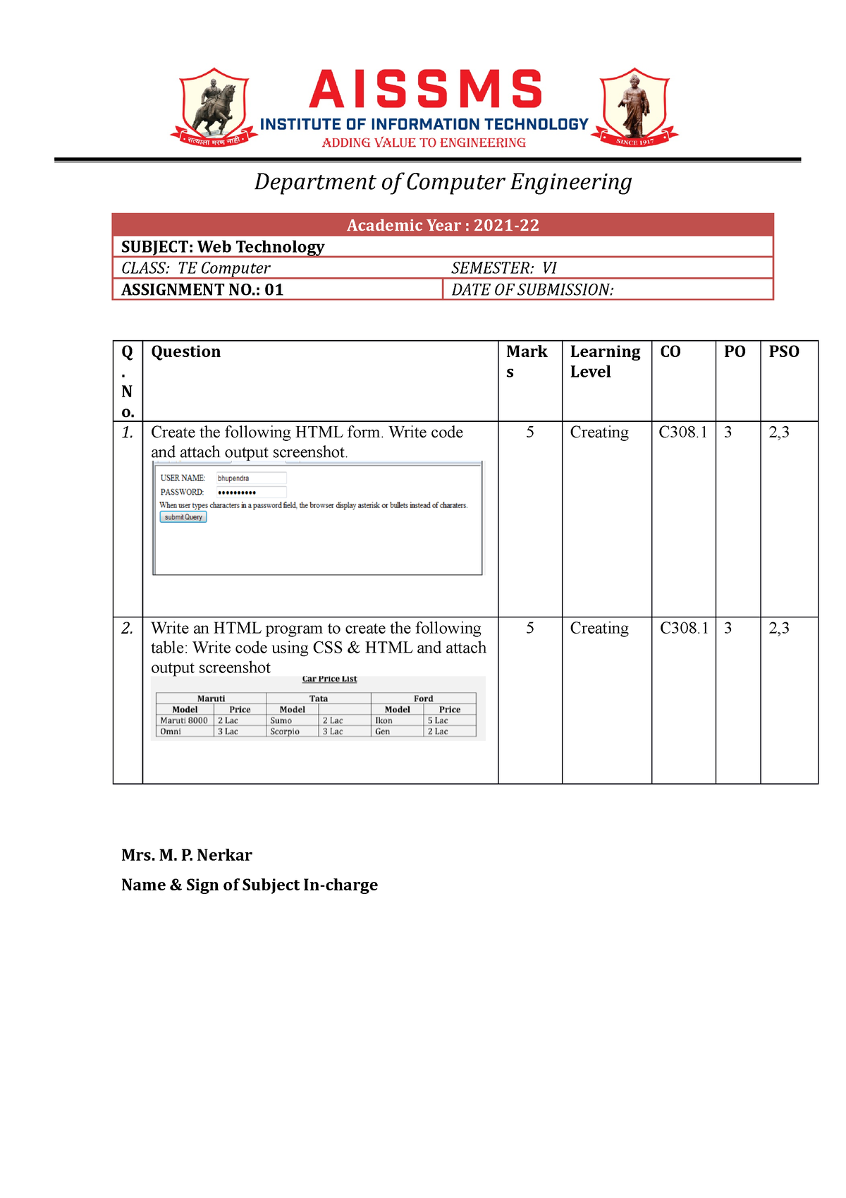 assignment marks for semester spring 2021