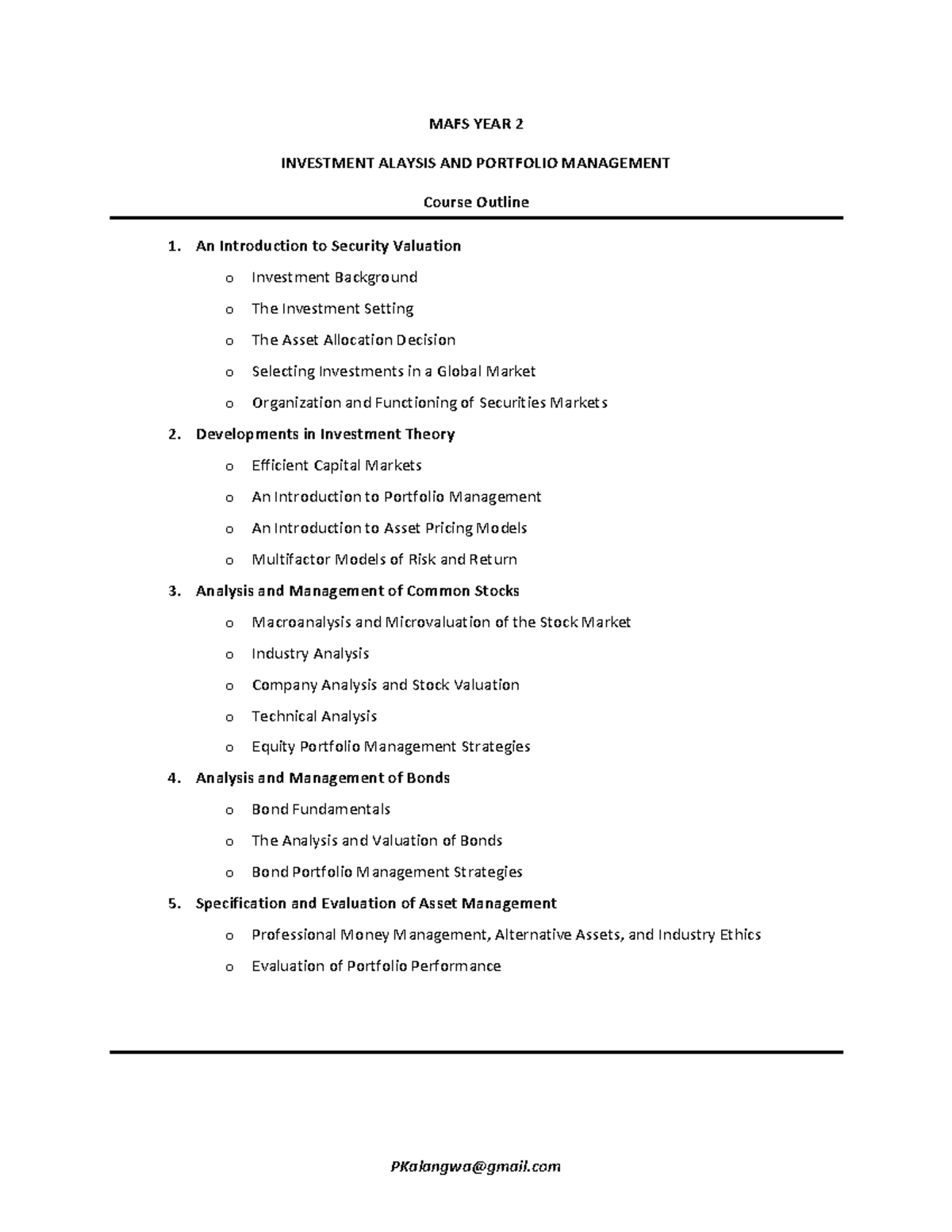 MFS Course outline Investment Analysis and Portfolio Management Aug ...