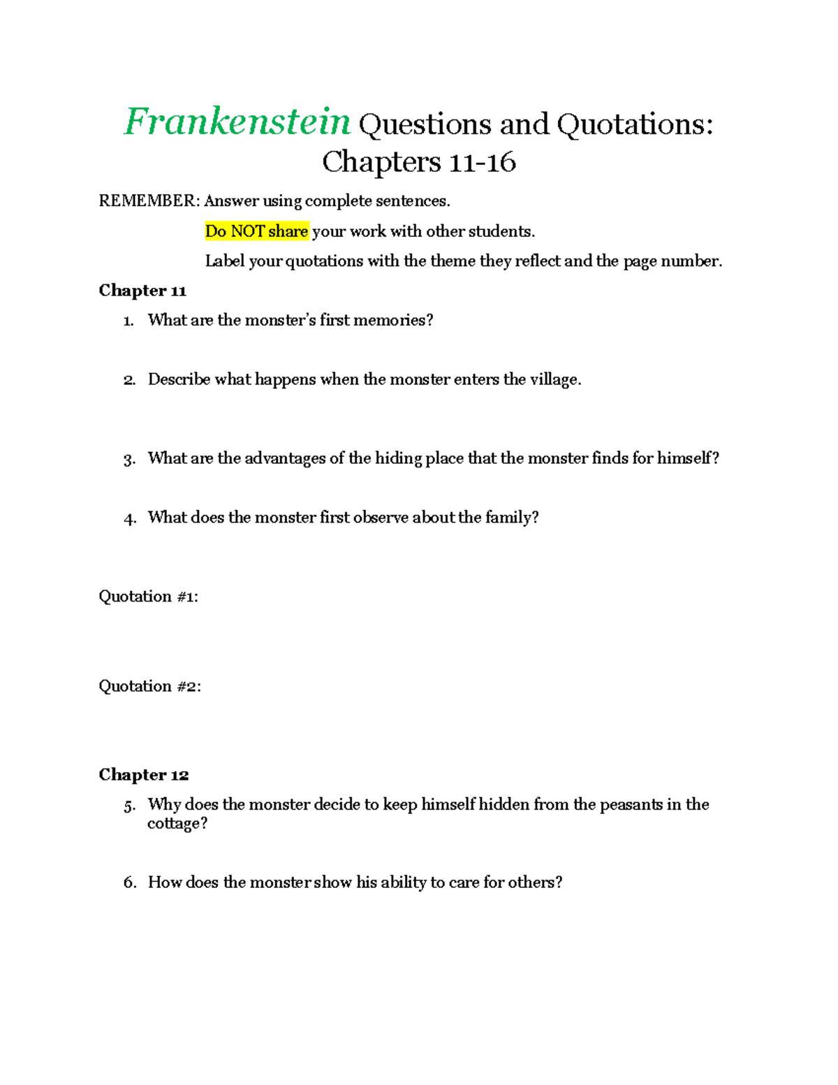 Frankenstein Qs 1116 Frankenstein Questions and Quotations Chapters