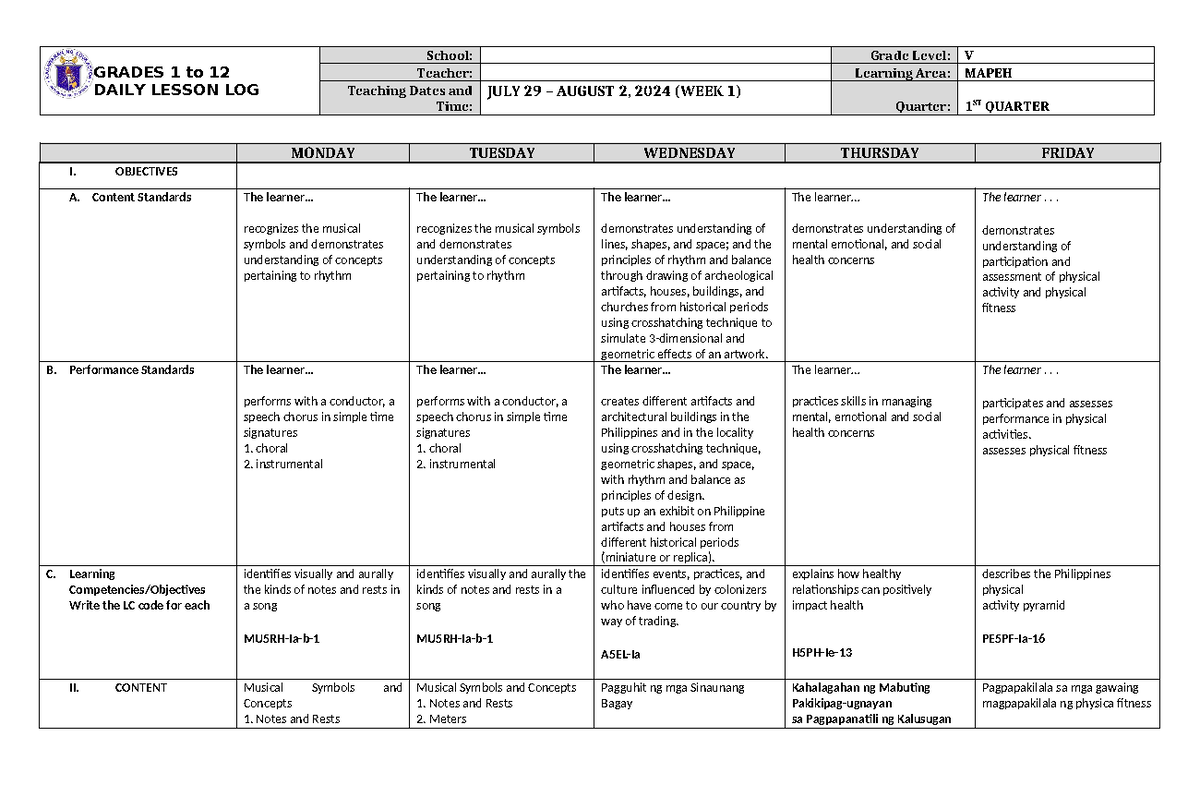 DLL Mapeh 5 Q1 W1 - DLL - GRADES 1 to 12 DAILY LESSON LOG School: Grade ...