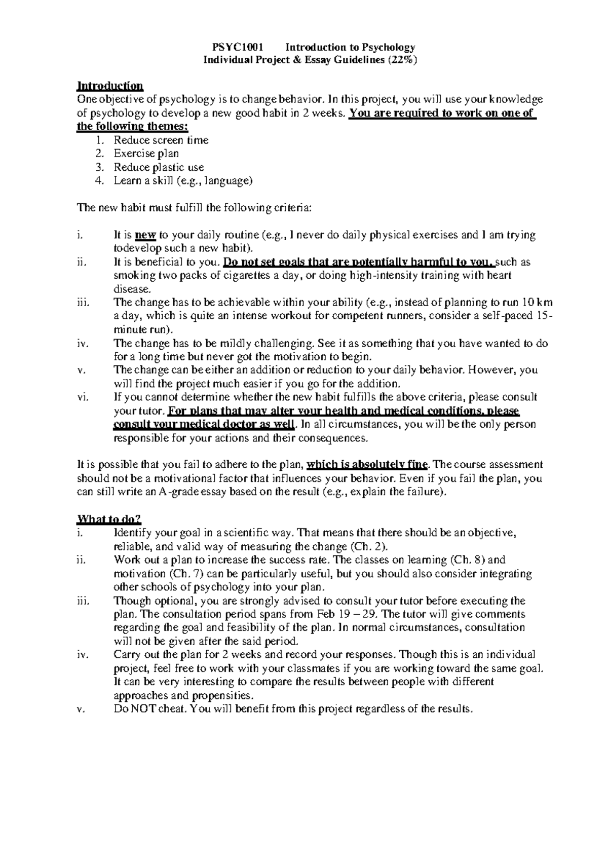 Individual Project Essay Guidelines - PSYC1001 Introduction to ...