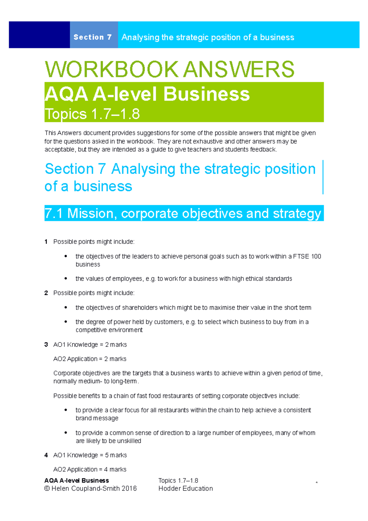 AQA Business 1718 Workbook Answers 2 WORKBOOK ANSWERS AQA Alevel