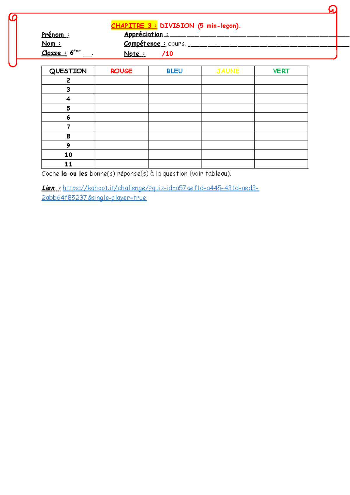 Evaluation leçon - Mathématiques - Appréciation : Compétence : cours ...
