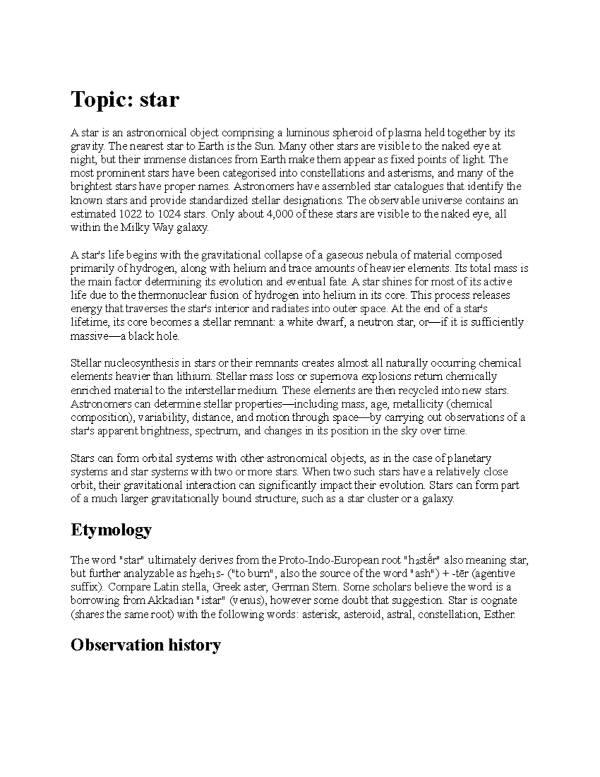 Star - Assingment on the topic. - Topic: star A star is an astronomical ...