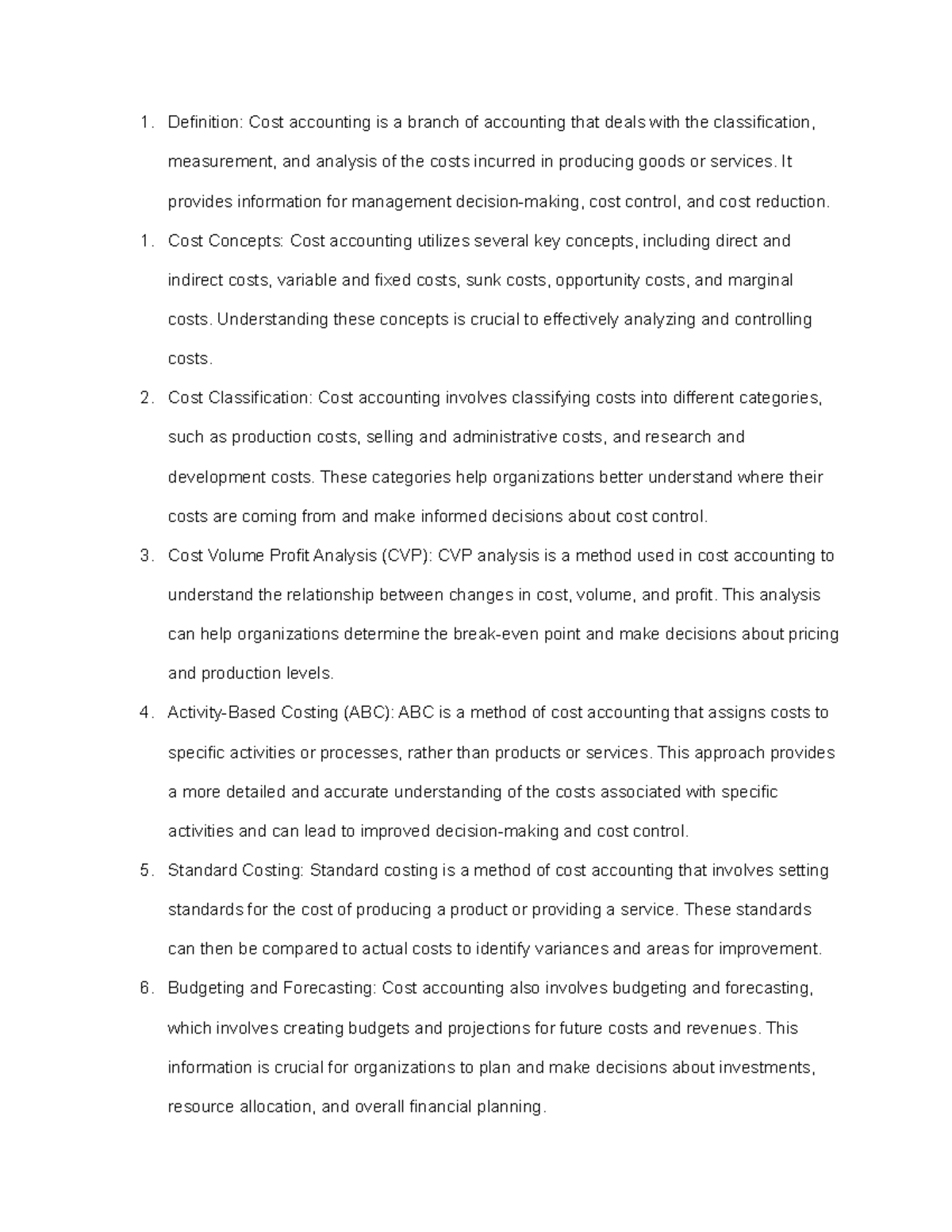 Cost Accounting Notes 1 Definition Cost accounting is a branch of accounting that deals with