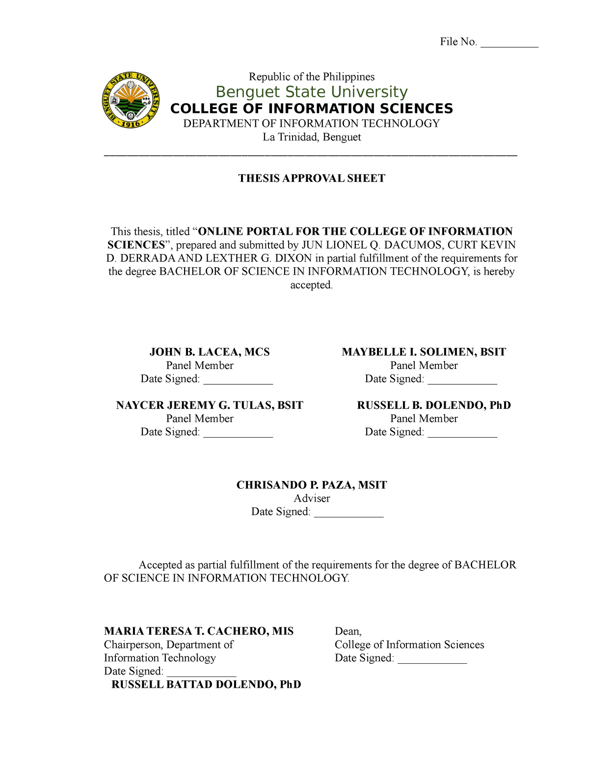 benguet state university thesis format
