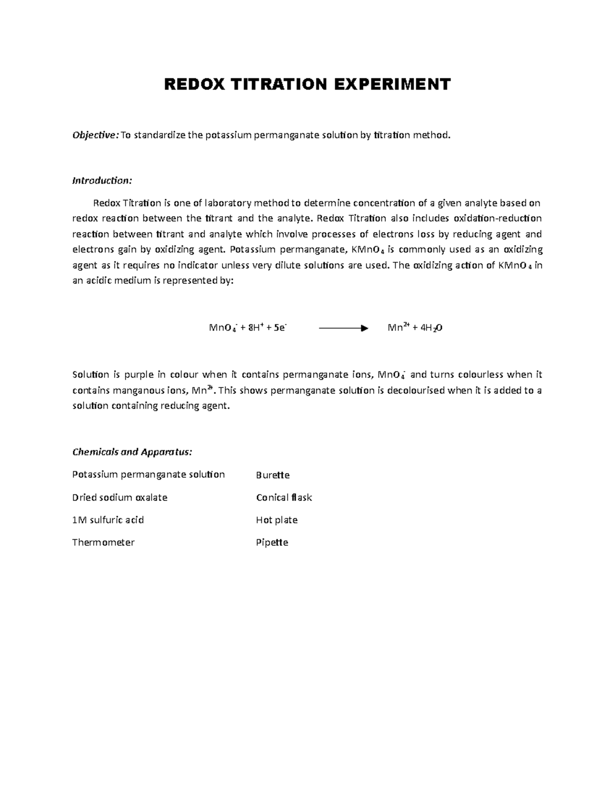 Chemistry LAB 3 (Redox Titration, Oxidizing & Reducing Agent) REDOX
