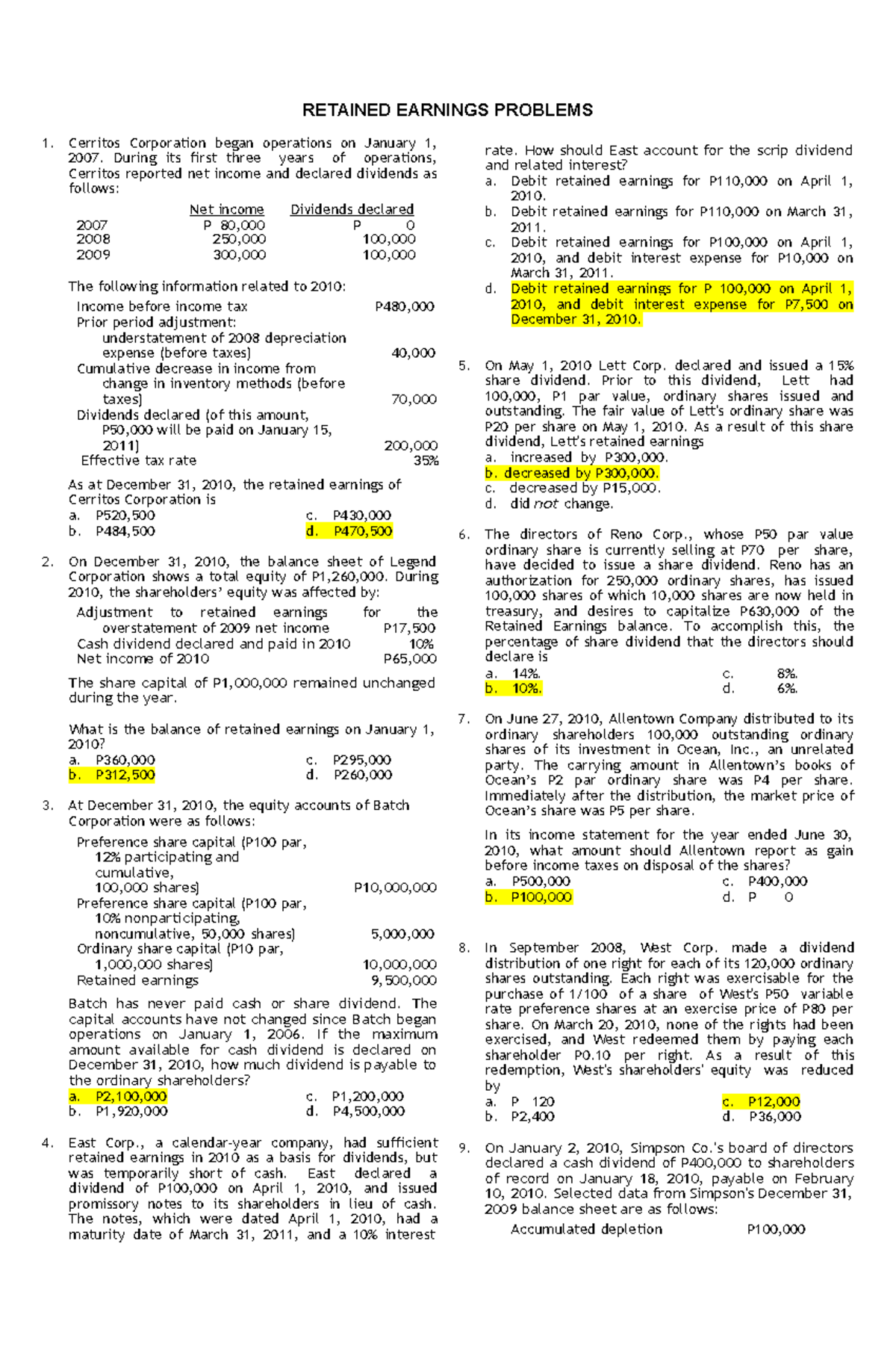 Retained Earnings Problems - Cost Accounting - Studocu