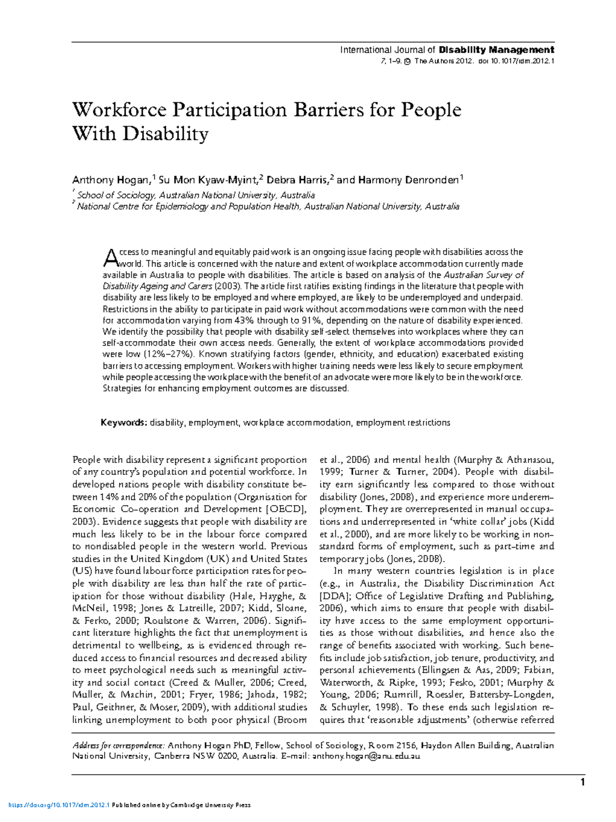 Hogan 2012 - Workforce barriers for PWD - International Journal of ...