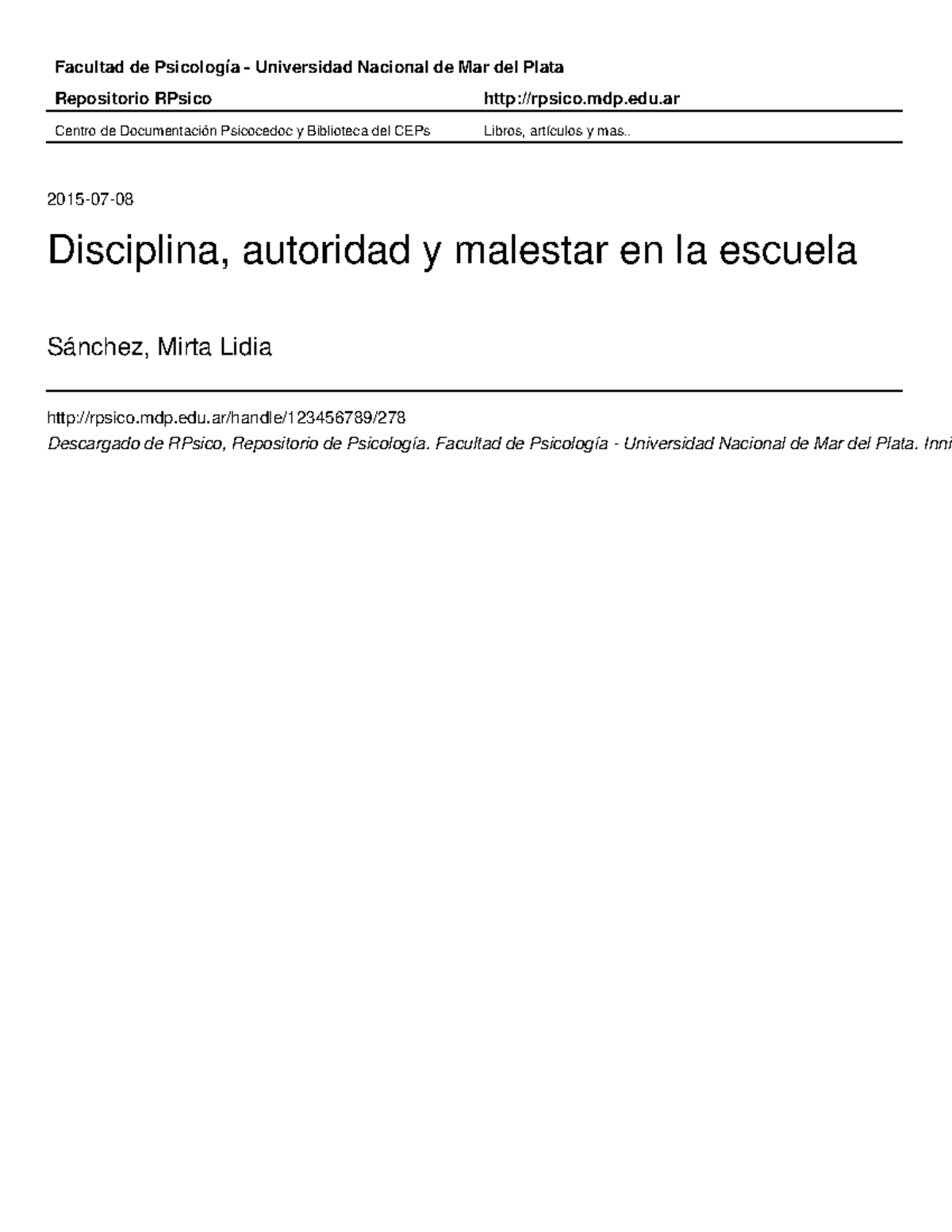 Disciplina, autoridad y malestar en la escuela - Facultad de Psicología ...