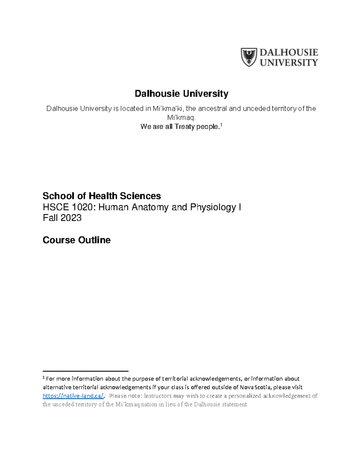 HSCE 1020 Course Outline 2023 Dalhousie University Dalhousie