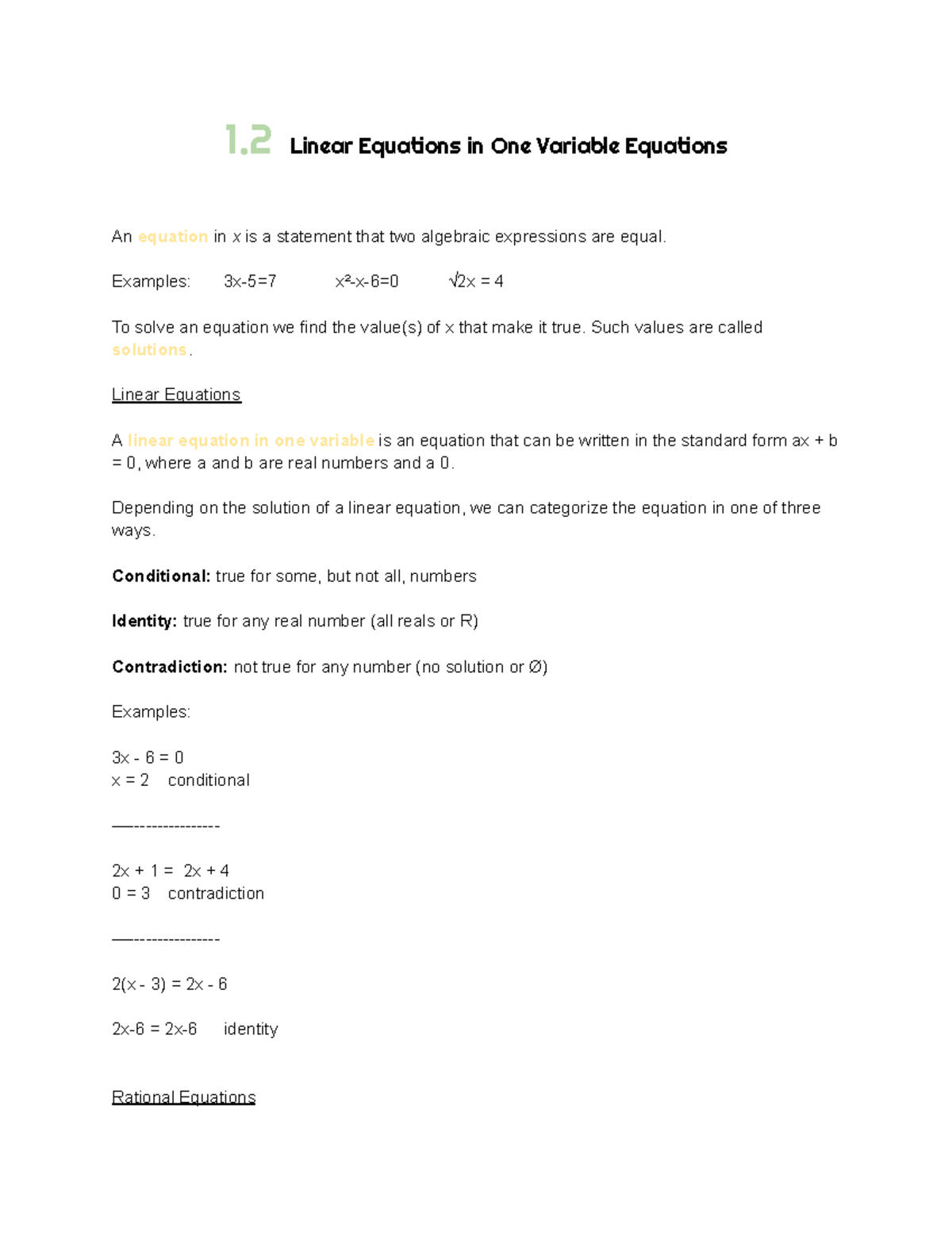 College Algebra 120 - section 1.2 notes! - 1 Linear Equations in One ...