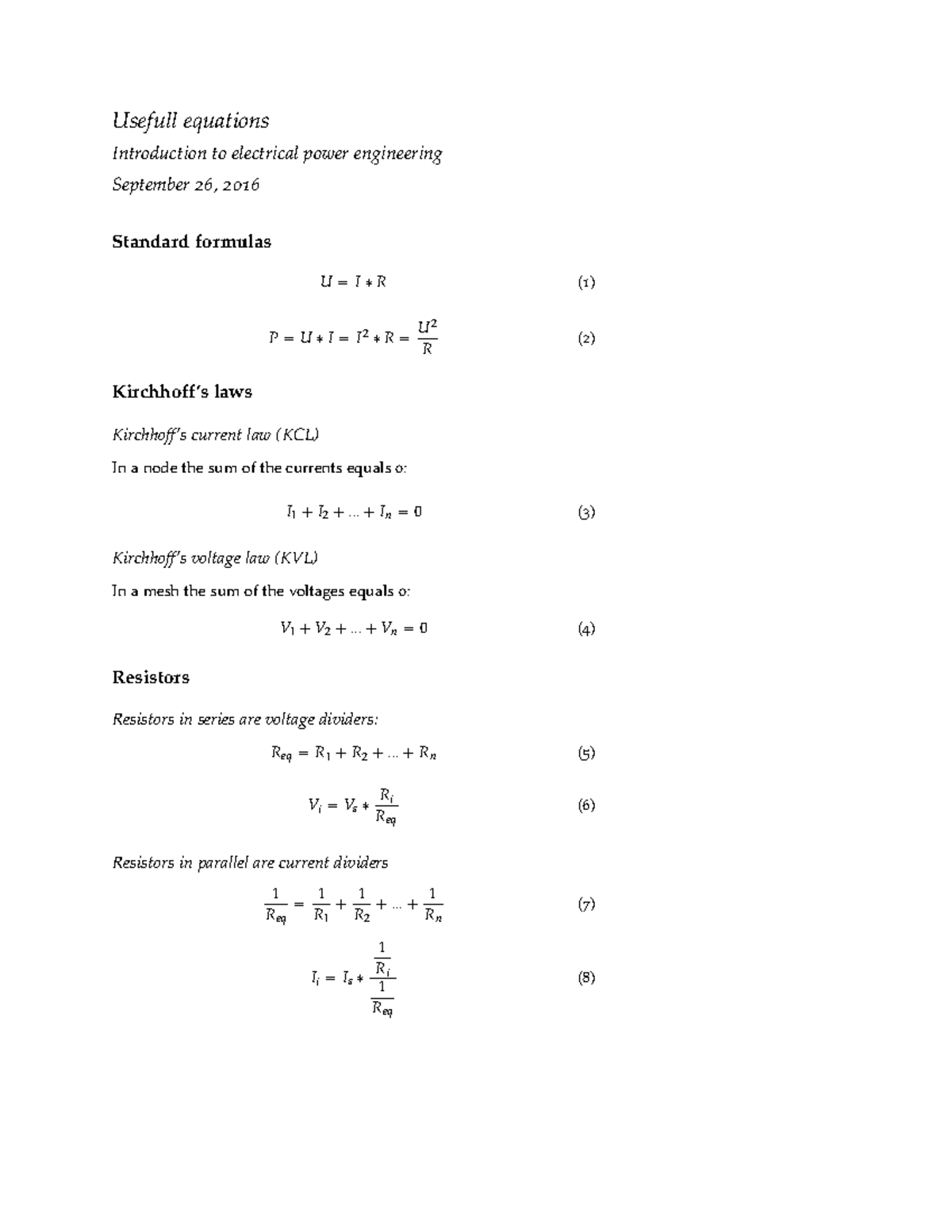 Usefull-equations - Summary Introduction to Electrical Power ...