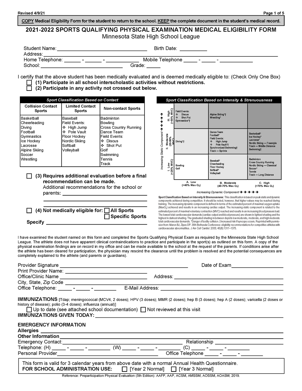 Mshsl Sports Physical Form 202122 COPY Medical Eligibility Form for