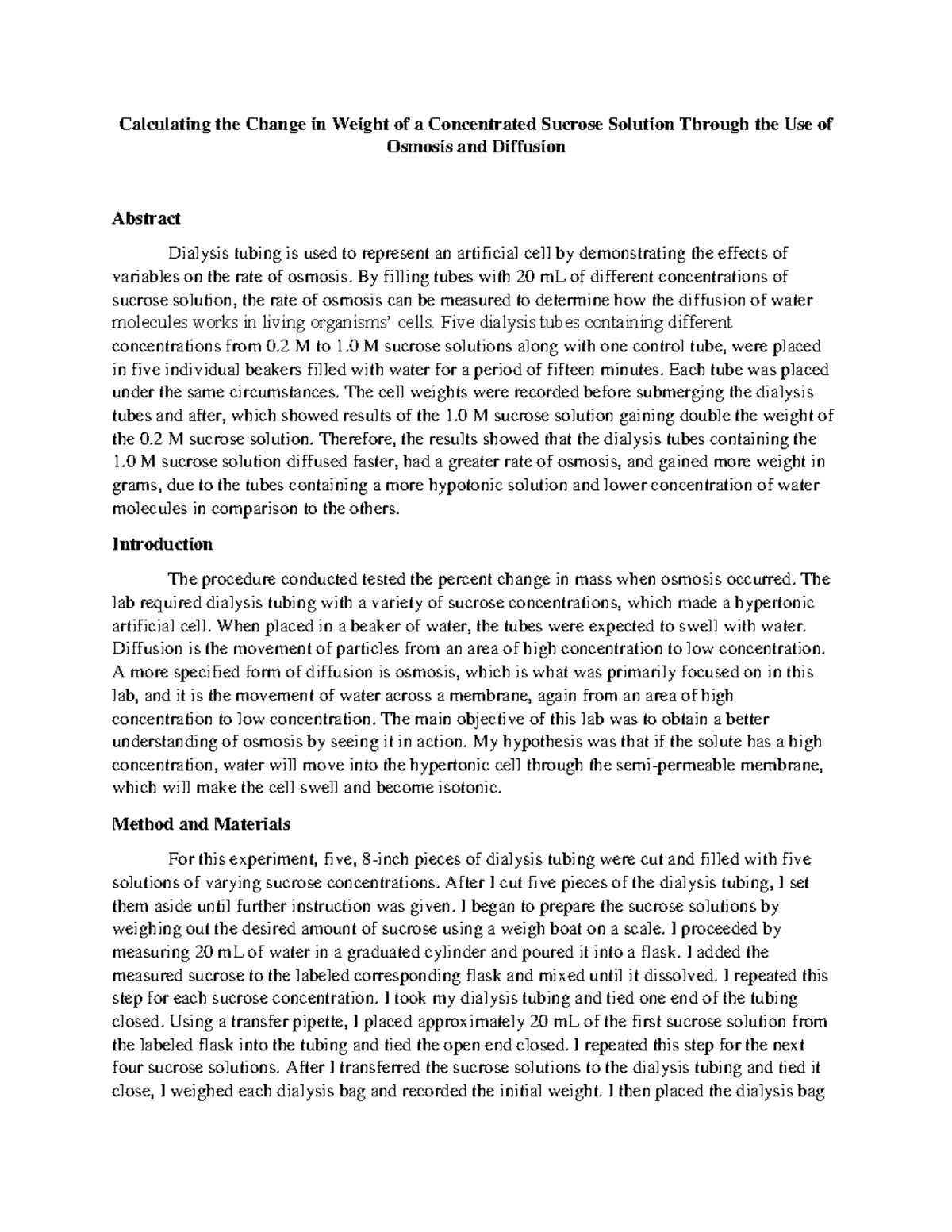 Osmosis and Diffusion Lab Report Kathryn Boone Calculating the