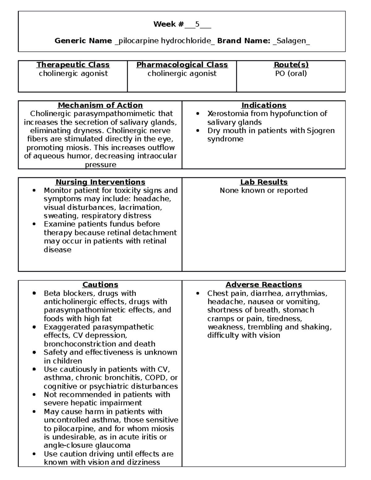 Pilocarpine drug cards Week 5 Generic Name pilocarpine