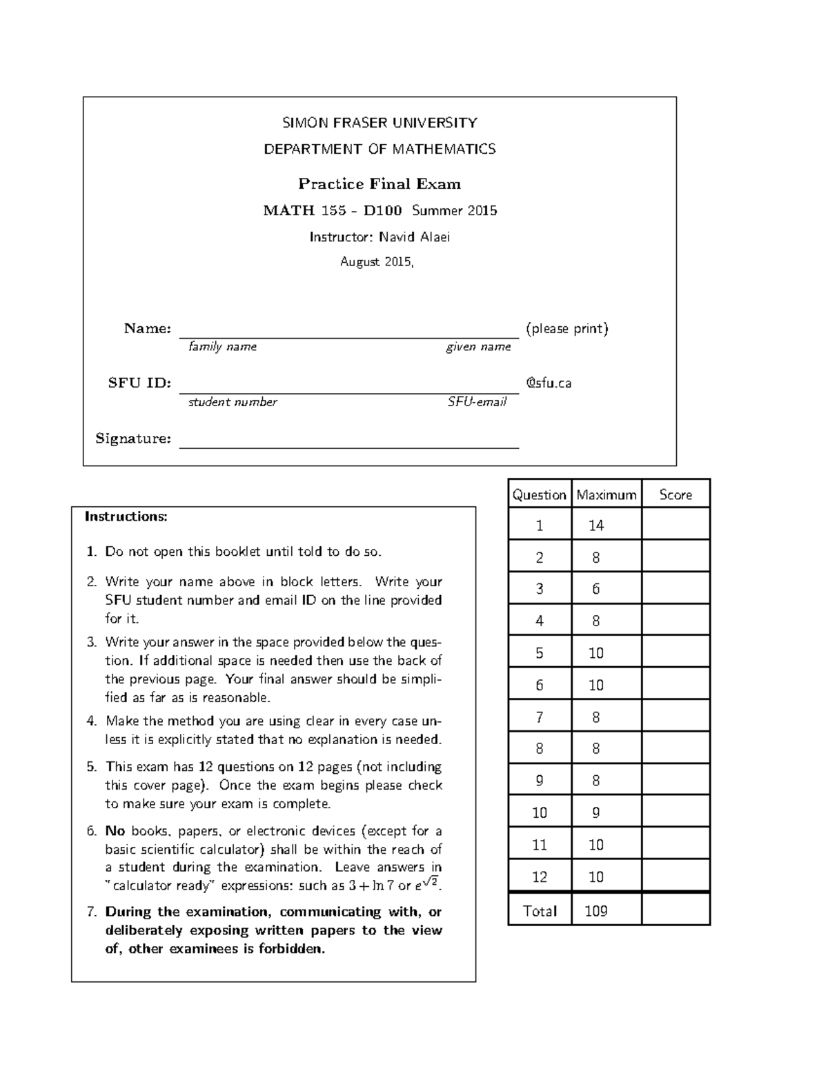 Calculus II For The Biological Sciences Sample/practice Exam 16 August ...