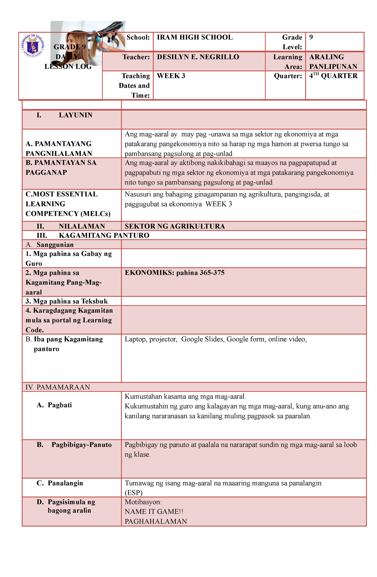 DLL AP 9 WEEK 3 - Dll Q4 Week 3 - GRADE 9 DAILY LESSON LOG School: IRAM ...