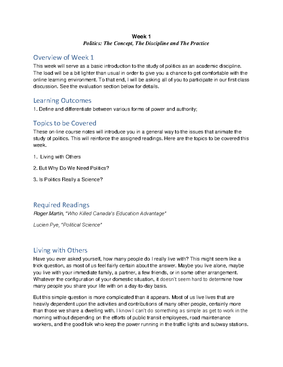 Week 1 - Lecture notes 1 - Week 1 Politics: The Concept, The Discipline ...