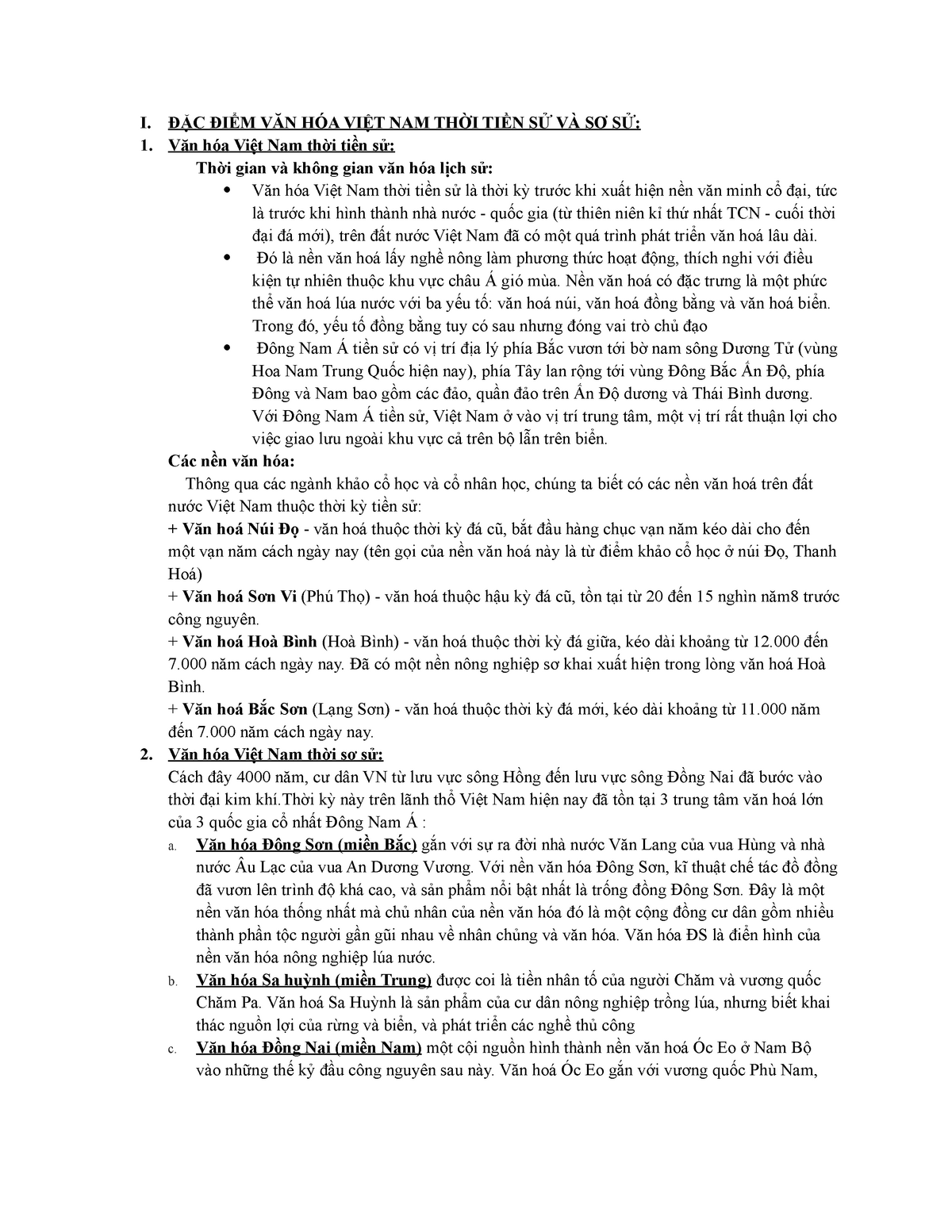 C S VAN HOA VIT NAM111111 - I. ĐẶC ĐIỂM VĂN HÓA VIỆT NAM THỜI TIỀN SỬ VÀ SƠ SỬ: 1. Văn hóa Việt Nam - Studocu