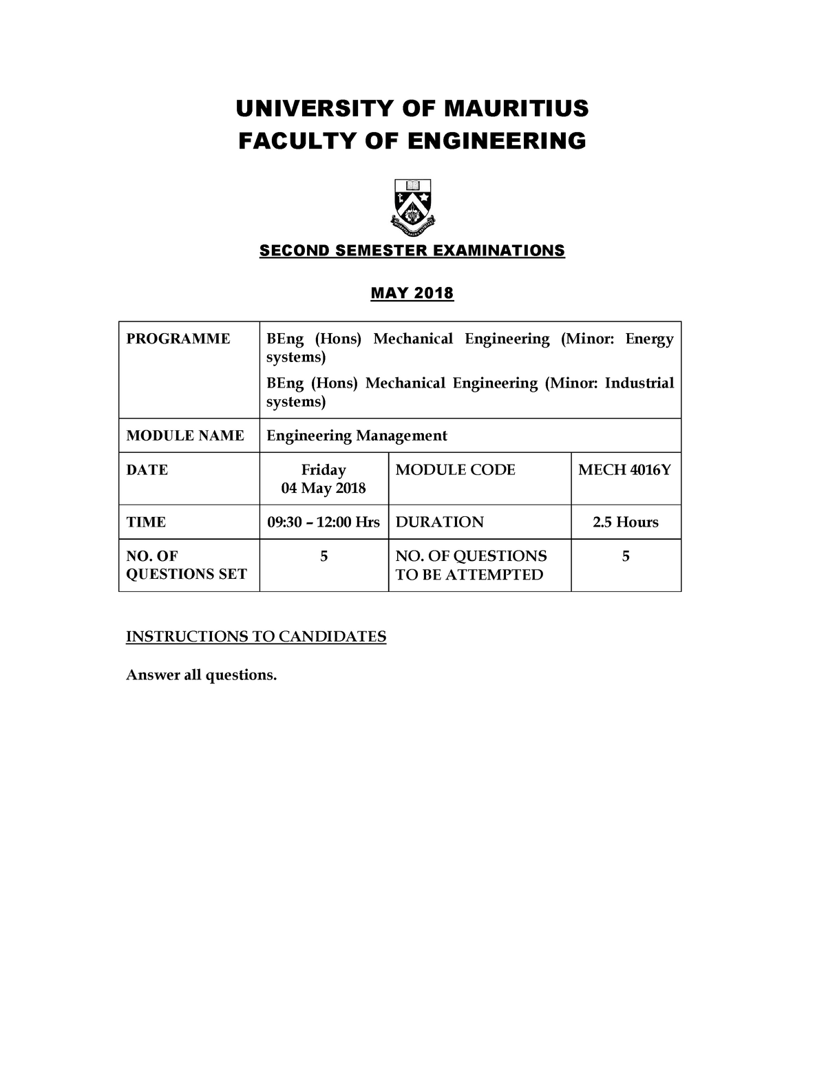 Exam 3 May 2018, questions - UNIVERSITY OF MAURITIUS FACULTY OF ...