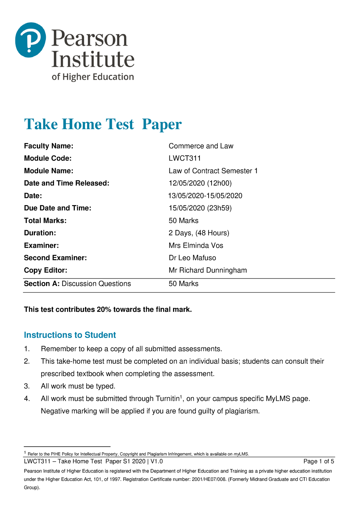 Take-home Semester Test - LWCT311 – Take Home Test Paper S1 2020 | V1 ...