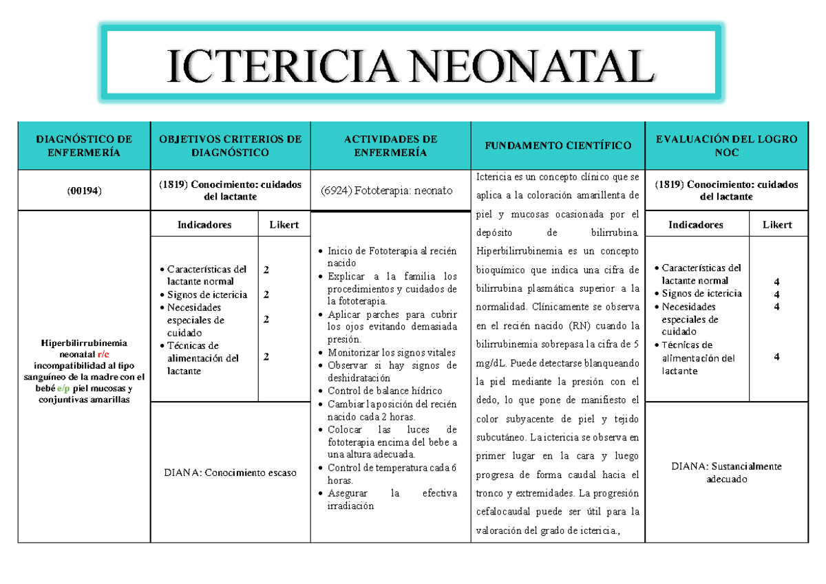 Ictericia Neonatal - DIAGNÓSTICO DE ENFERMERÍA OBJETIVOS CRITERIOS DE