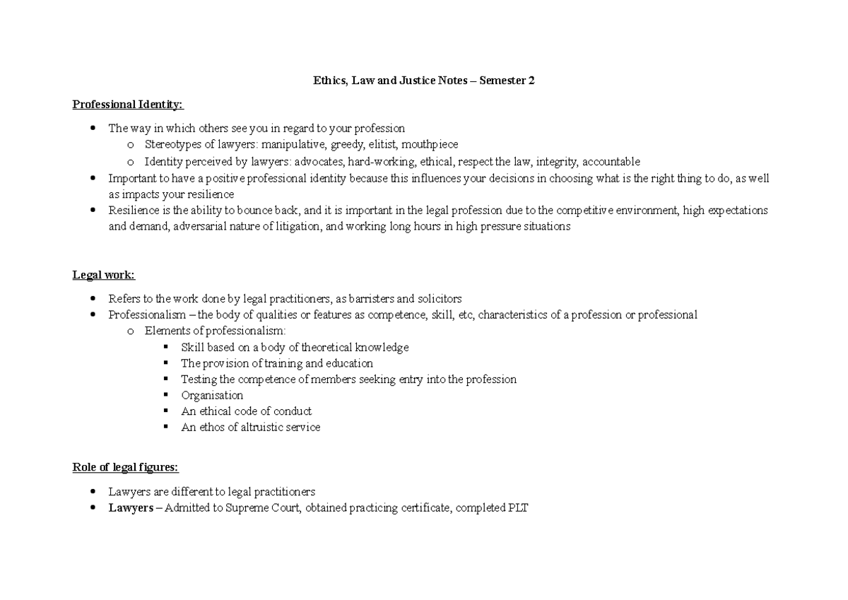 Ethics Notes - Ethics, Law and Justice Notes – Semester 2 Professional ...
