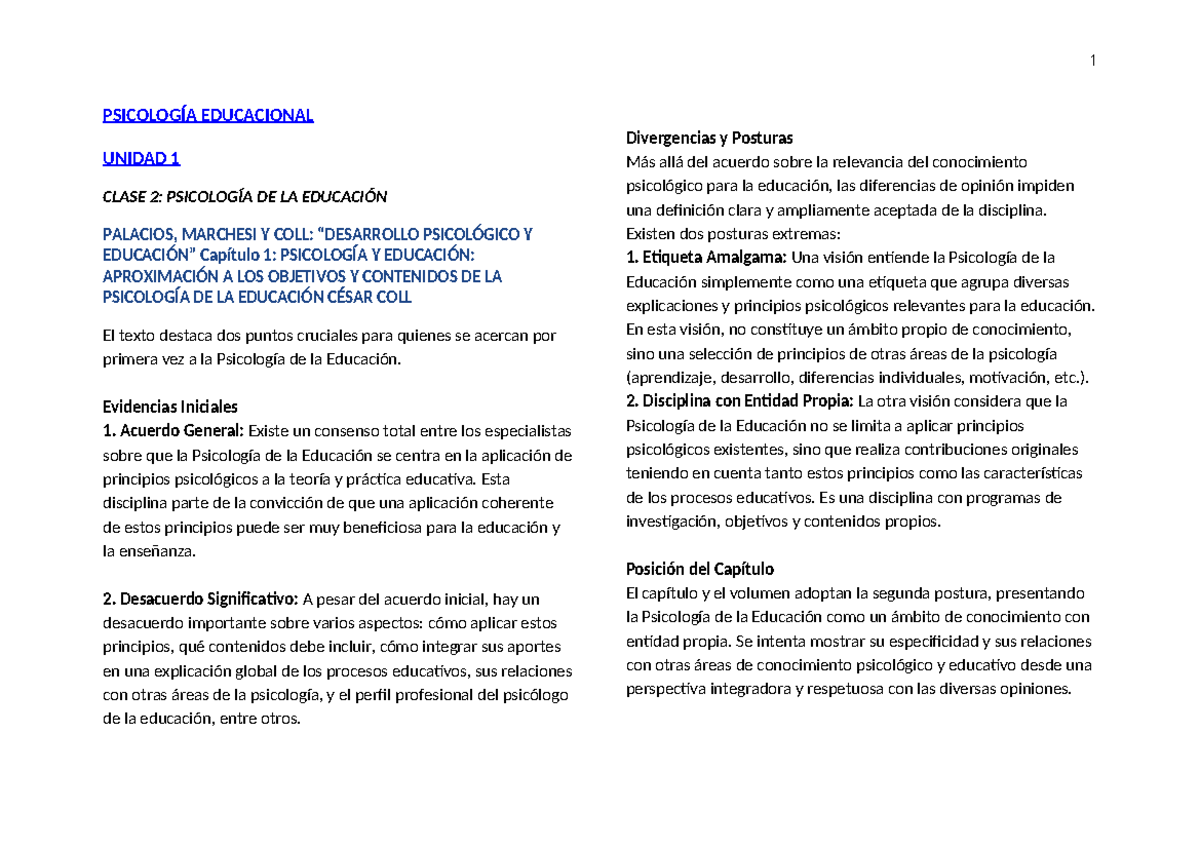 Psicología Educacional - PSICOLOGÍA EDUCACIONAL UNIDAD 1 CLASE 2